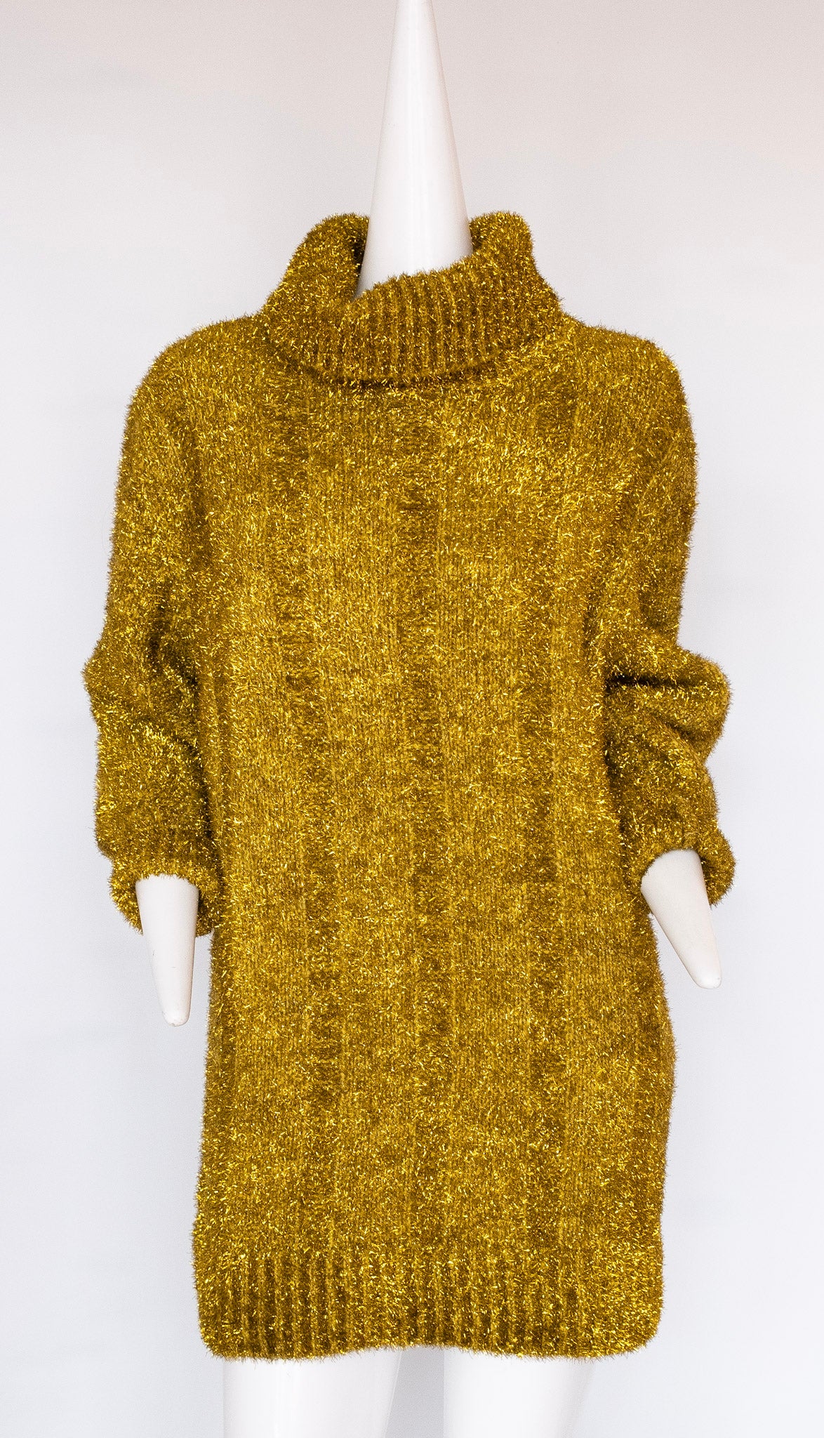 VICOLO Gold Tinsel Turtleneck Sweater Dress