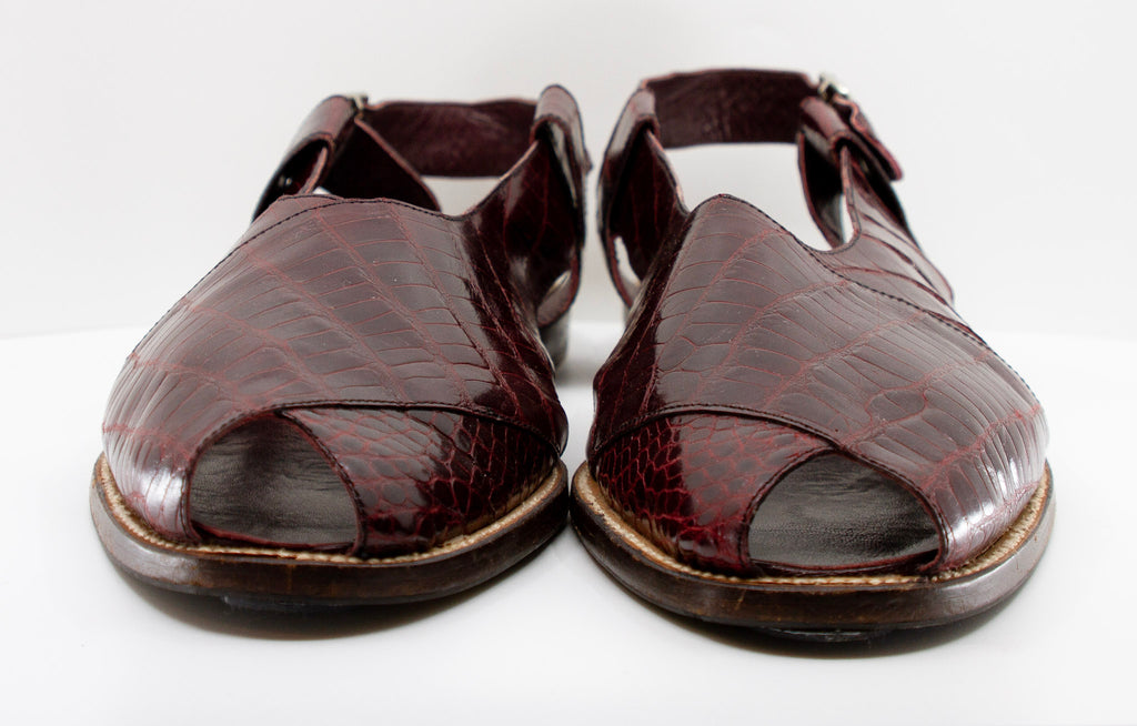 Manolo Blahnik, aubergine alligator open toe sandals, Estate of André Leon Talley