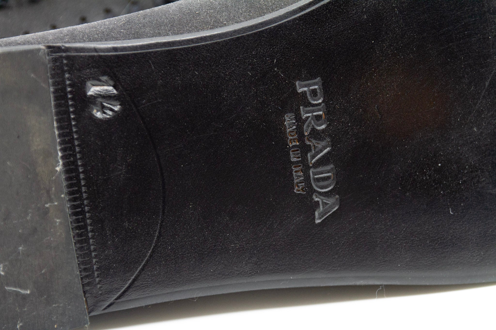 PRADA, charcoal, suede, loafers with beaded embellishments and leather soles, Estate of André Leon Talley