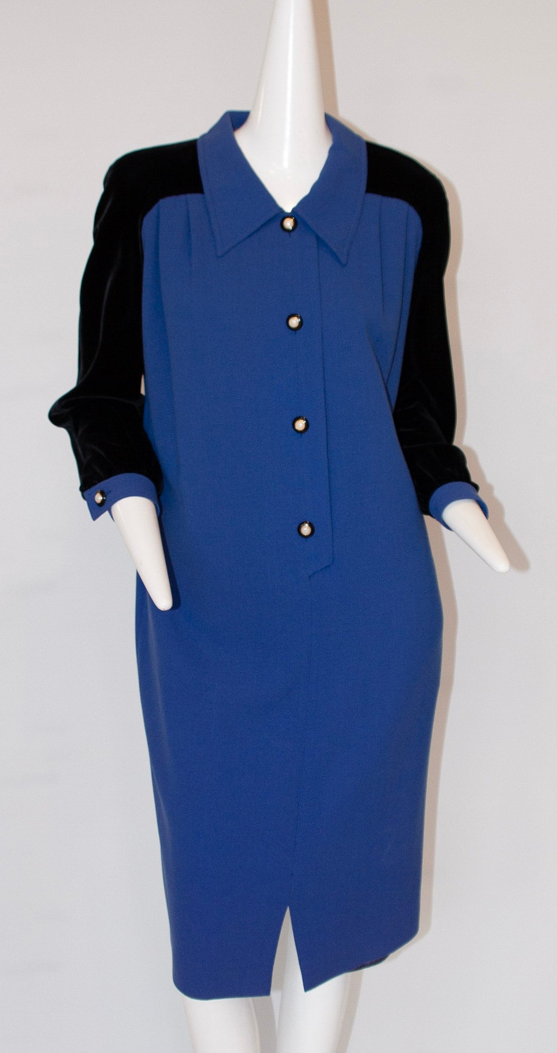 VALENTINO MISS V Blue Wool and Black Velvet Midi Dress