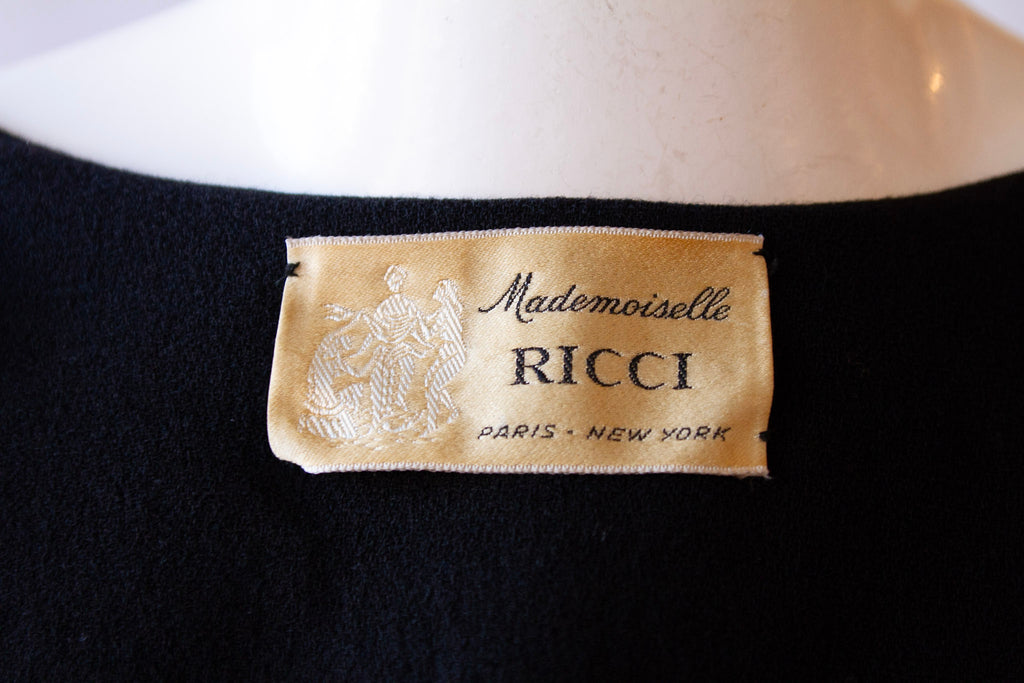 NINA RICCI, "Mademoiselle Ricci", Silk Lined, Black, Wool Crepe, Empire Waist, Dress, circa 1960s