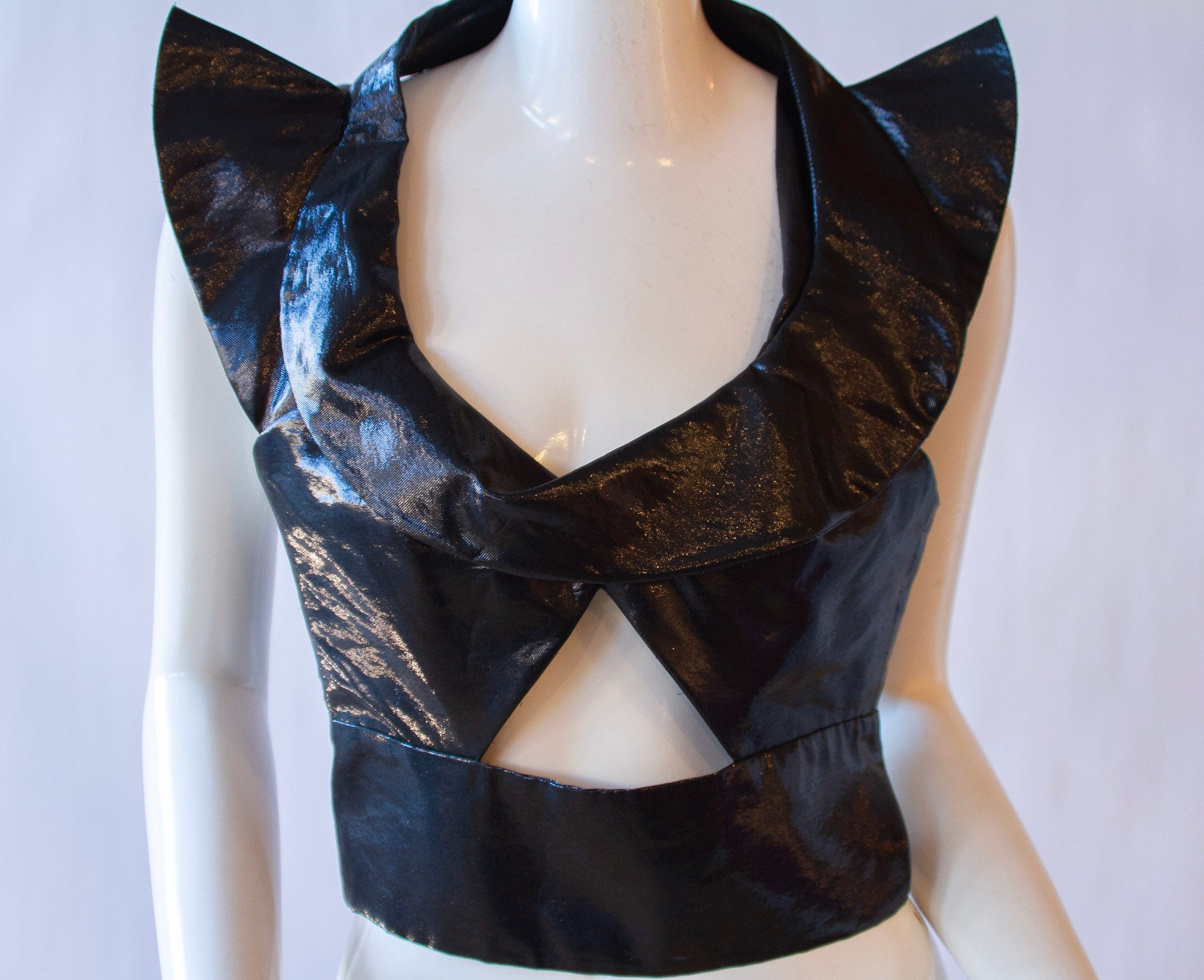 CHLOÉ Silk & Polyester Black Halter Crop Top w/ Structured Shoulder Fit & Open Back