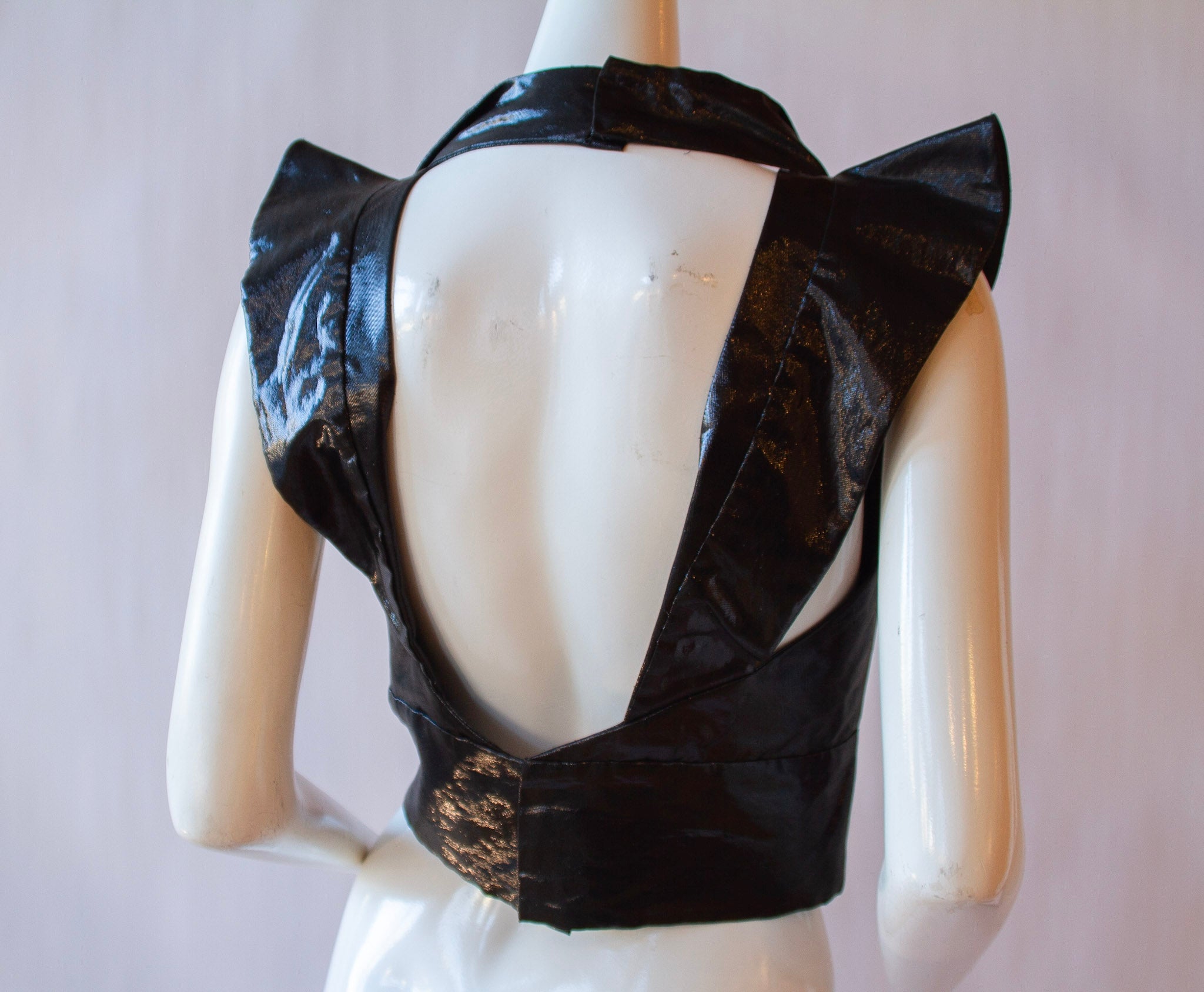 CHLOÉ Silk & Polyester Black Halter Crop Top w/ Structured Shoulder Fit & Open Back