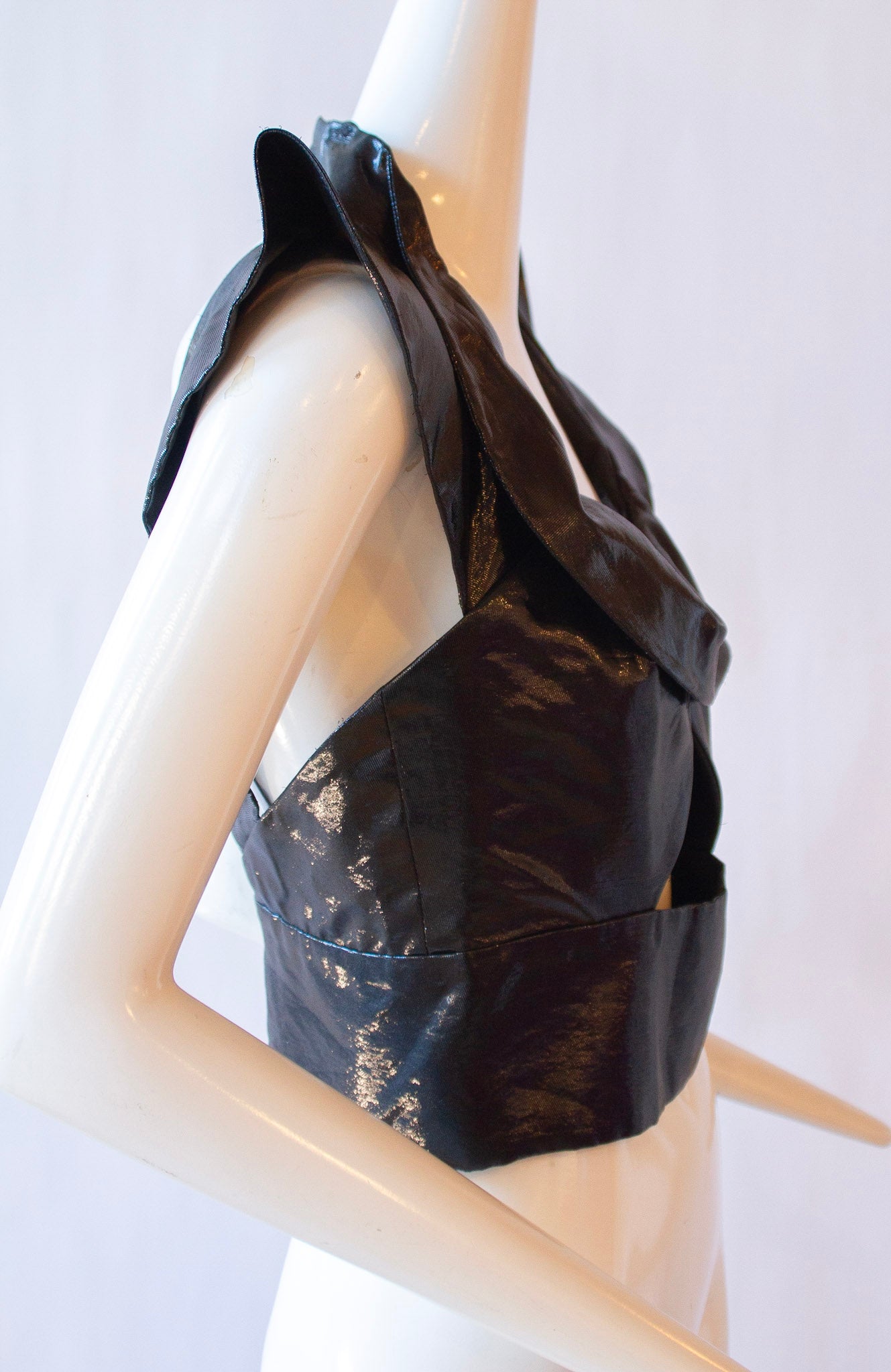 CHLOÉ Silk & Polyester Black Halter Crop Top w/ Structured Shoulder Fit & Open Back