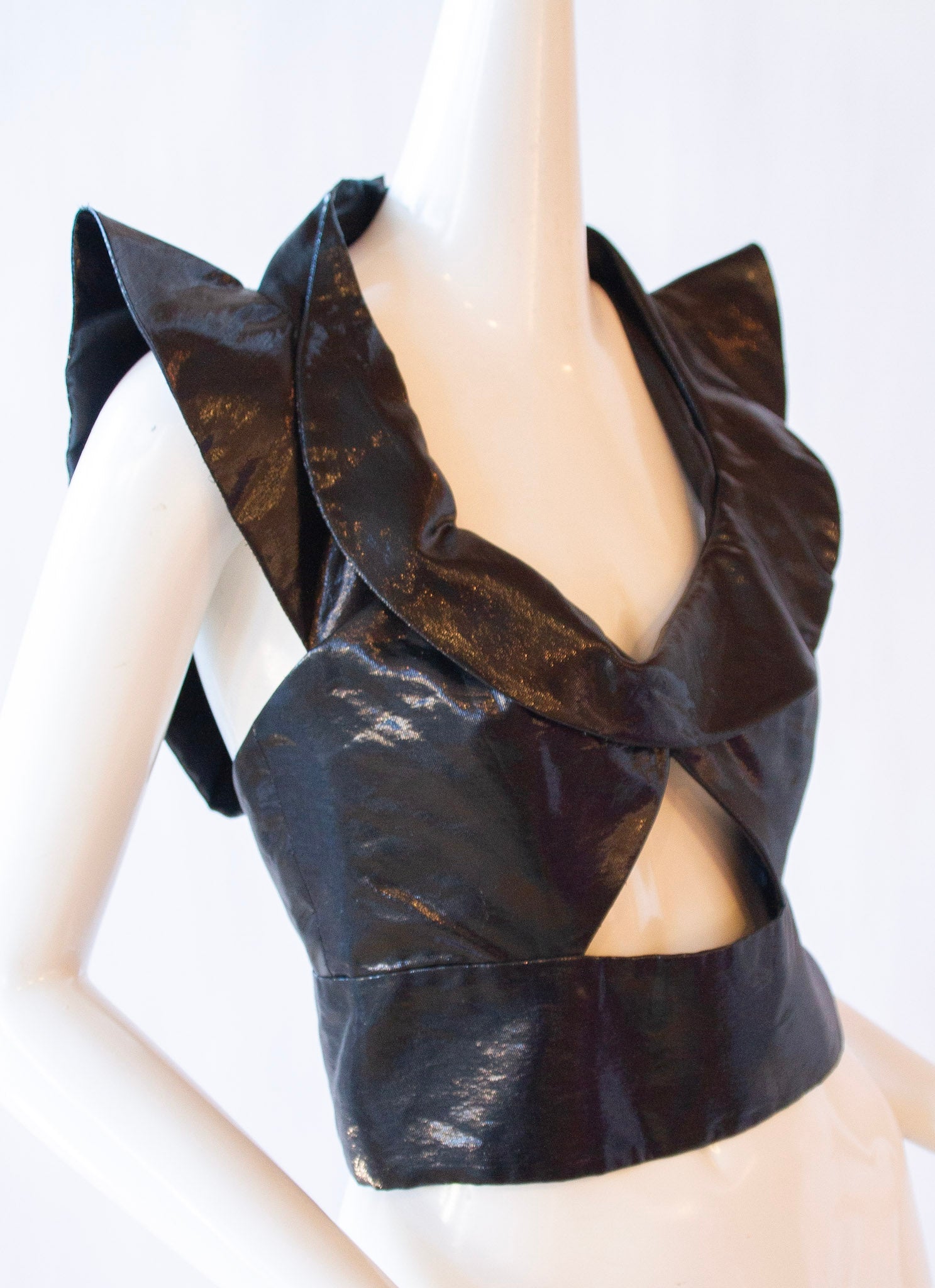 CHLOÉ Silk & Polyester Black Halter Crop Top w/ Structured Shoulder Fit & Open Back