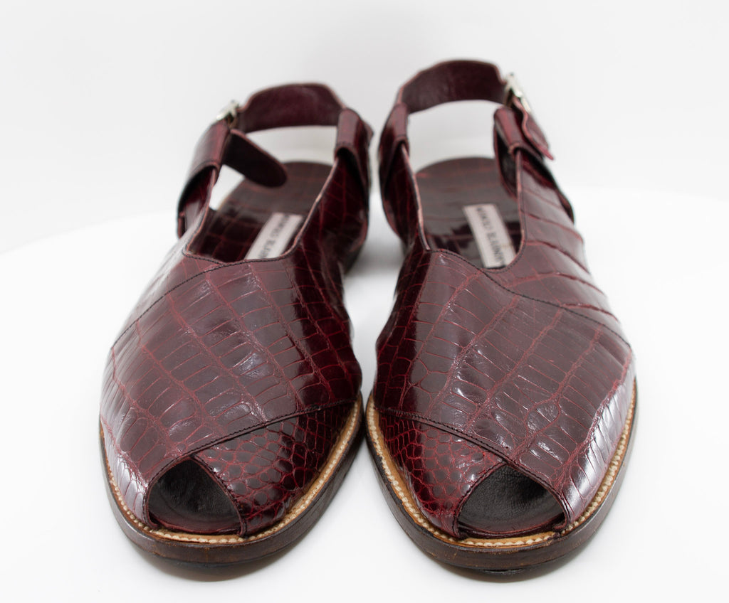 Manolo Blahnik, aubergine alligator open toe sandals, Estate of André Leon Talley
