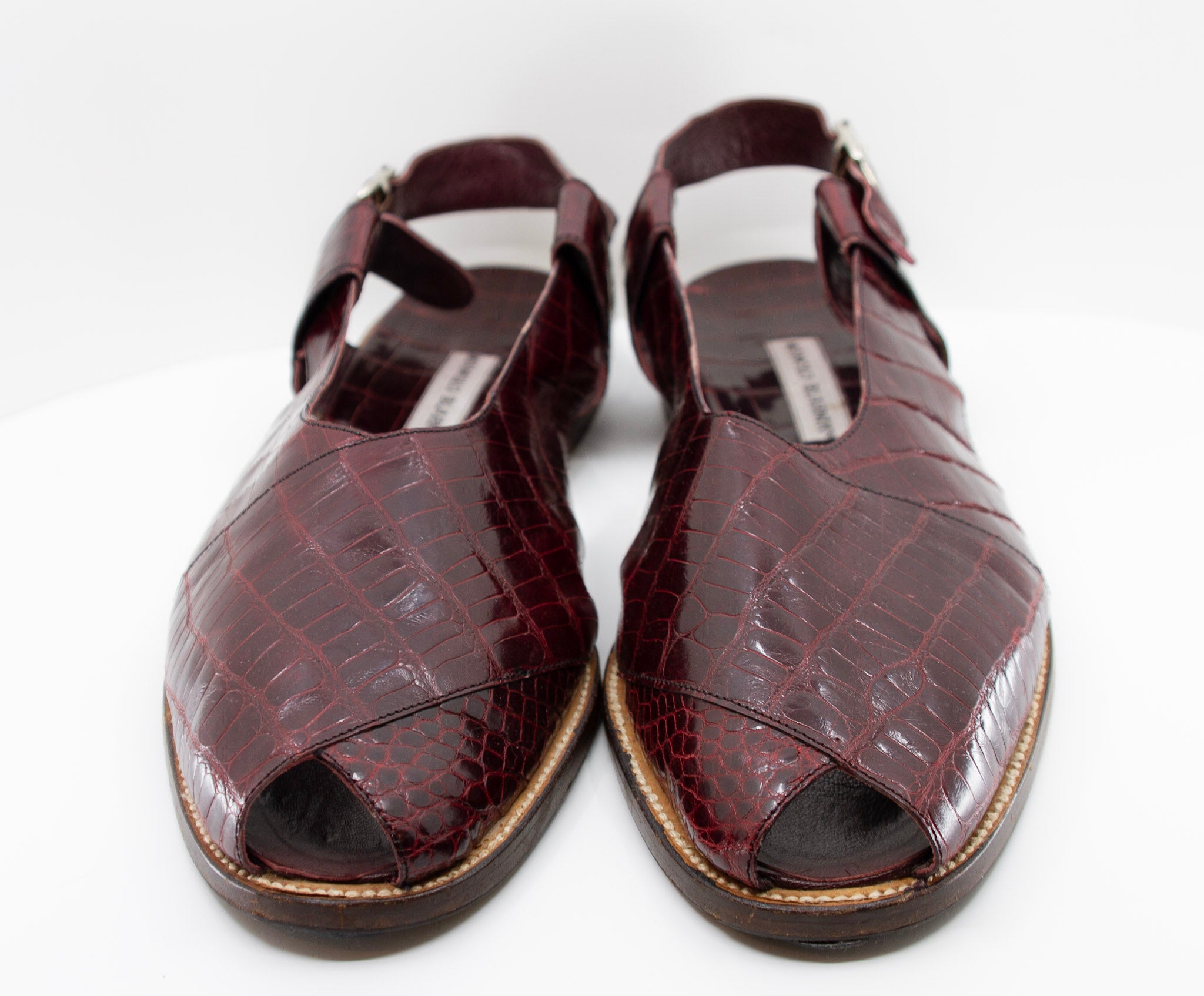 Manolo Blahnik, aubergine alligator open toe sandals, Estate of André Leon Talley