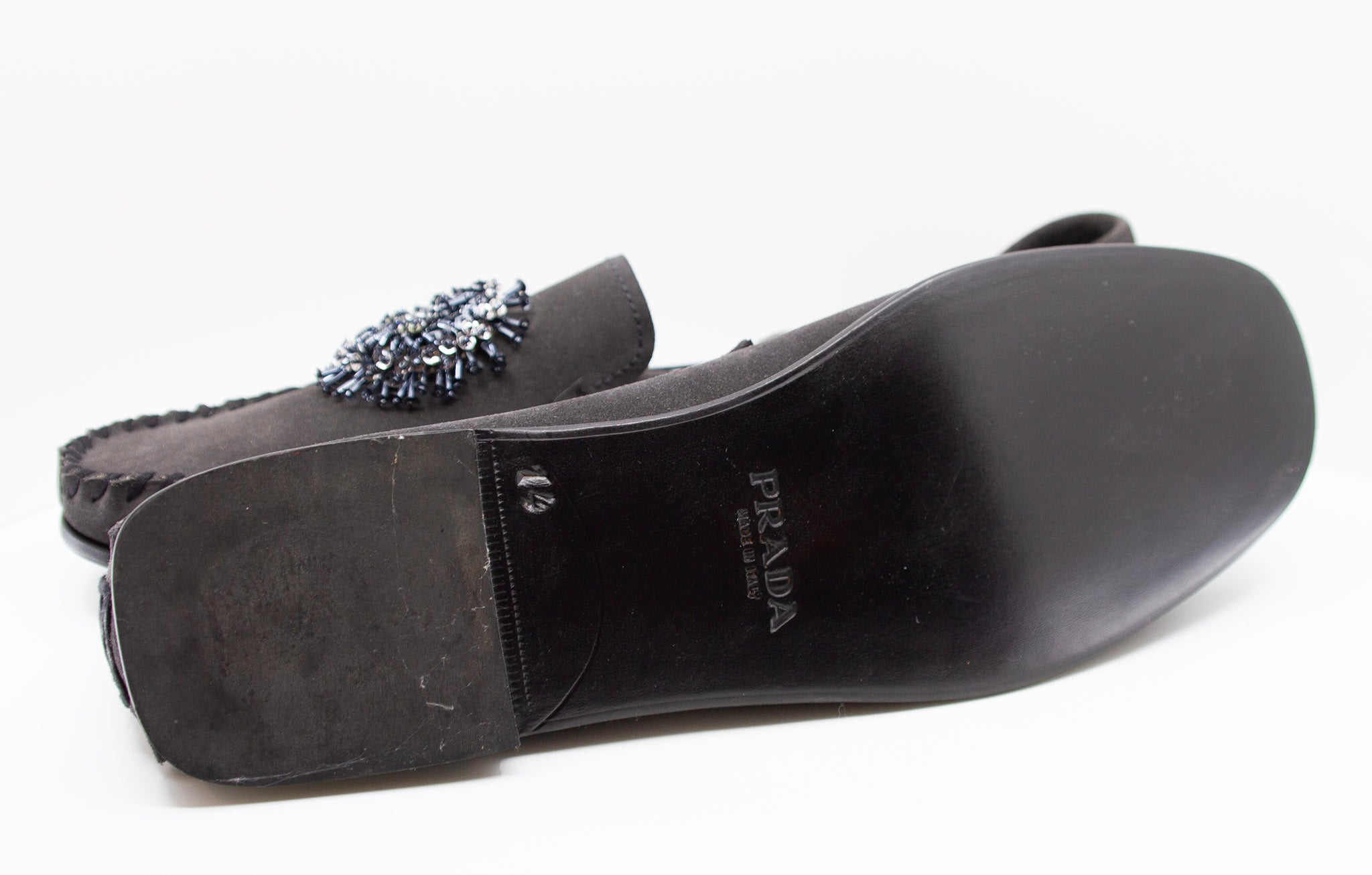 PRADA, charcoal, suede, loafers with beaded embellishments and leather soles, Estate of André Leon Talley