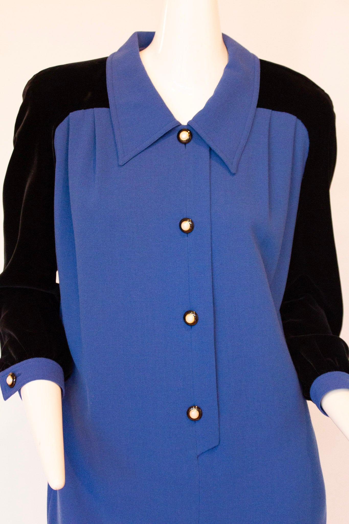 VALENTINO MISS V Blue Wool and Black Velvet Midi Dress