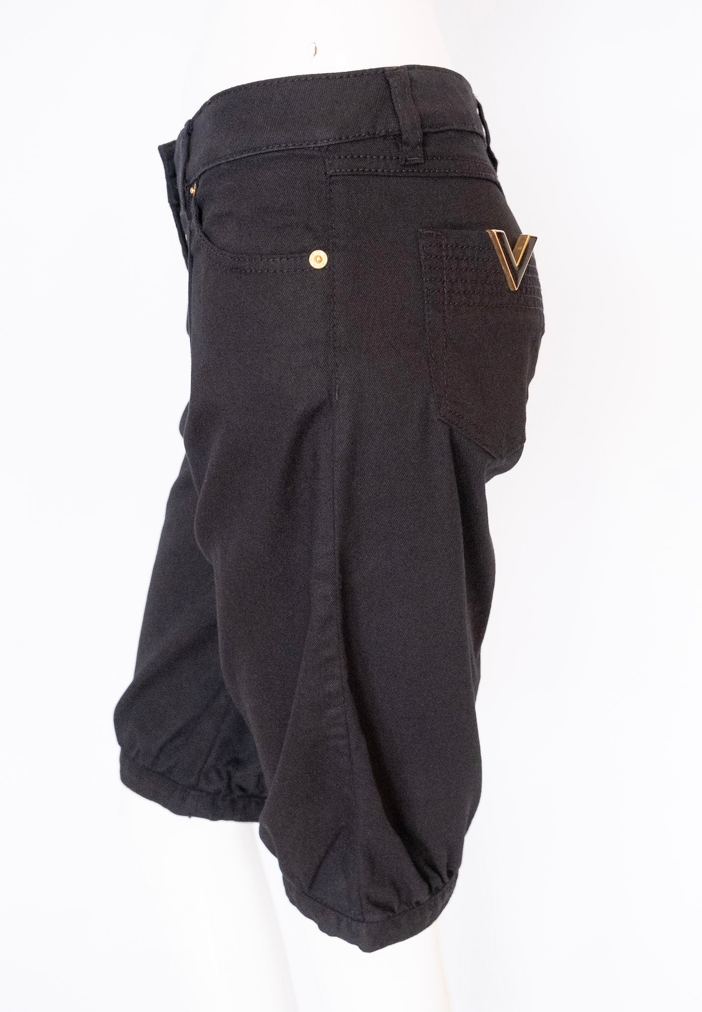 VALENTINO RED Long Black Jean Shorts with 'V' Decals
