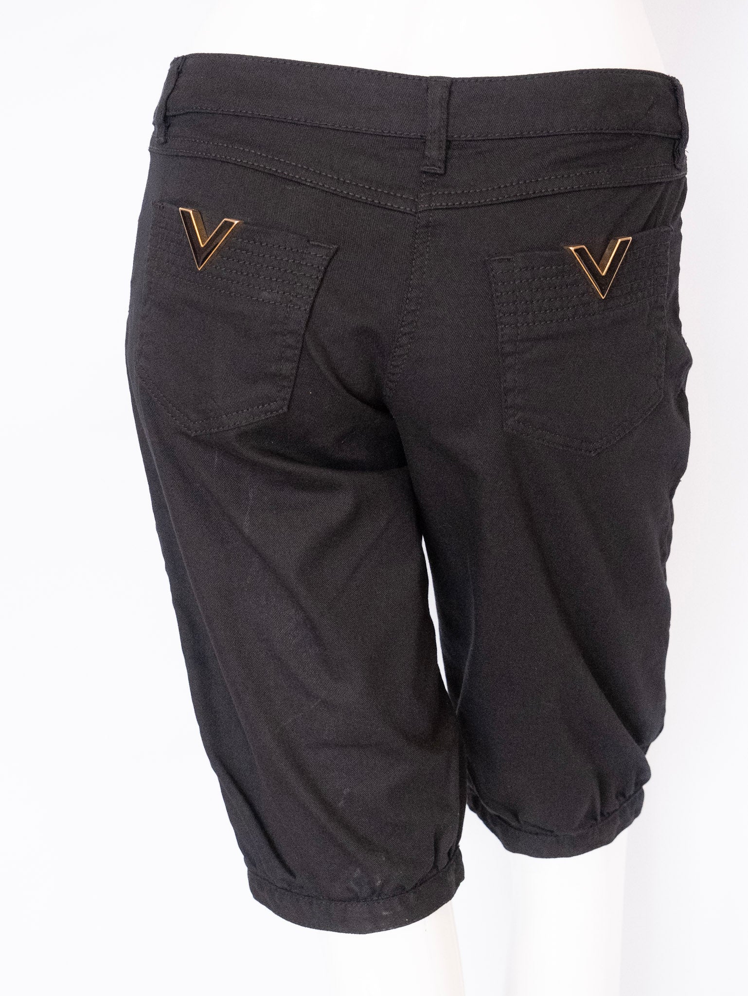 VALENTINO RED Long Black Jean Shorts with 'V' Decals