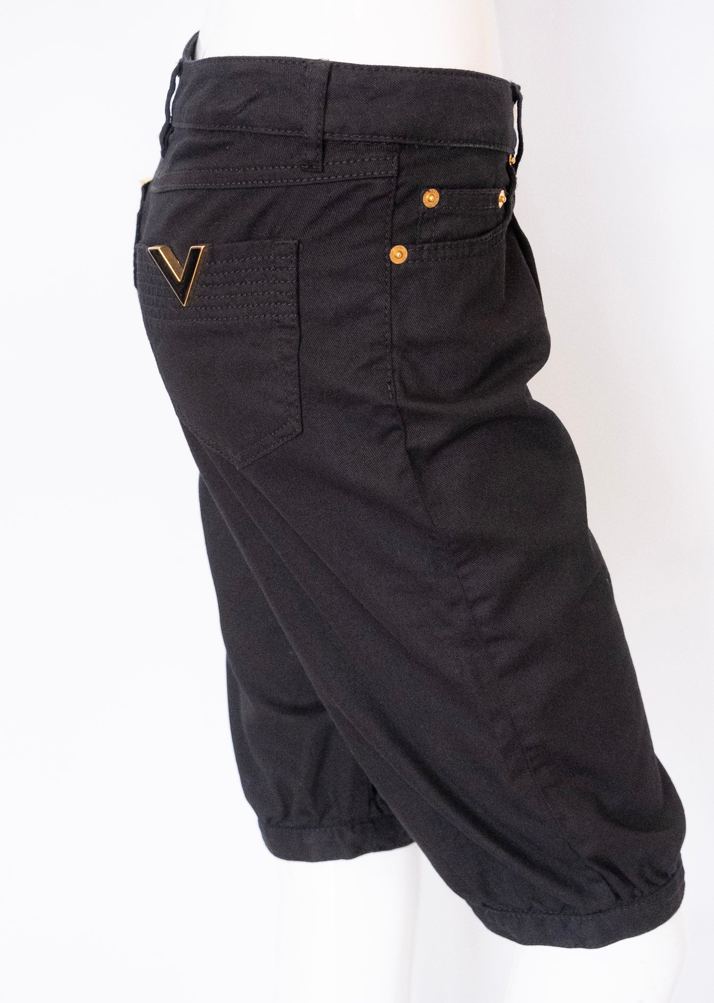 VALENTINO RED Long Black Jean Shorts with 'V' Decals