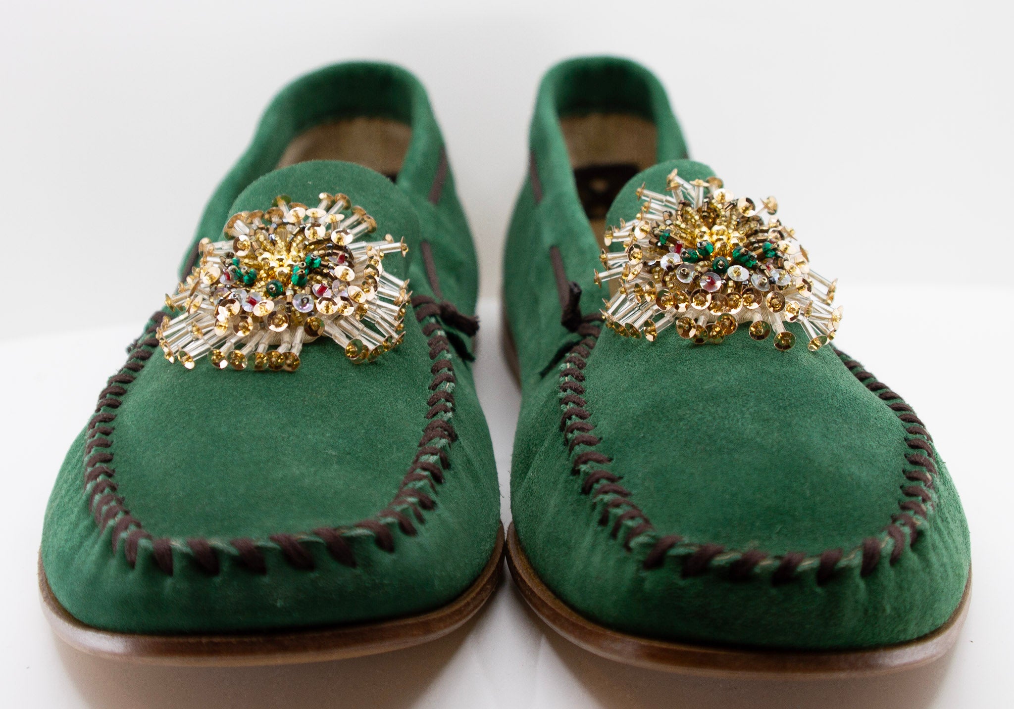 PRADA, green, suede, loafers with beaded embellishments and leather soles, Estate of André Leon Talley