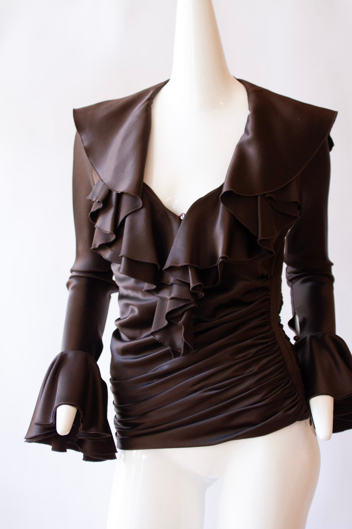 JEAN-LOUIS SCHERRER 100% Silk Chocolate Blouse with Flare Sleeves and Side Ruching with Zipper