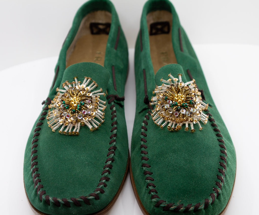 PRADA, green, suede, loafers with beaded embellishments and leather soles, Estate of André Leon Talley
