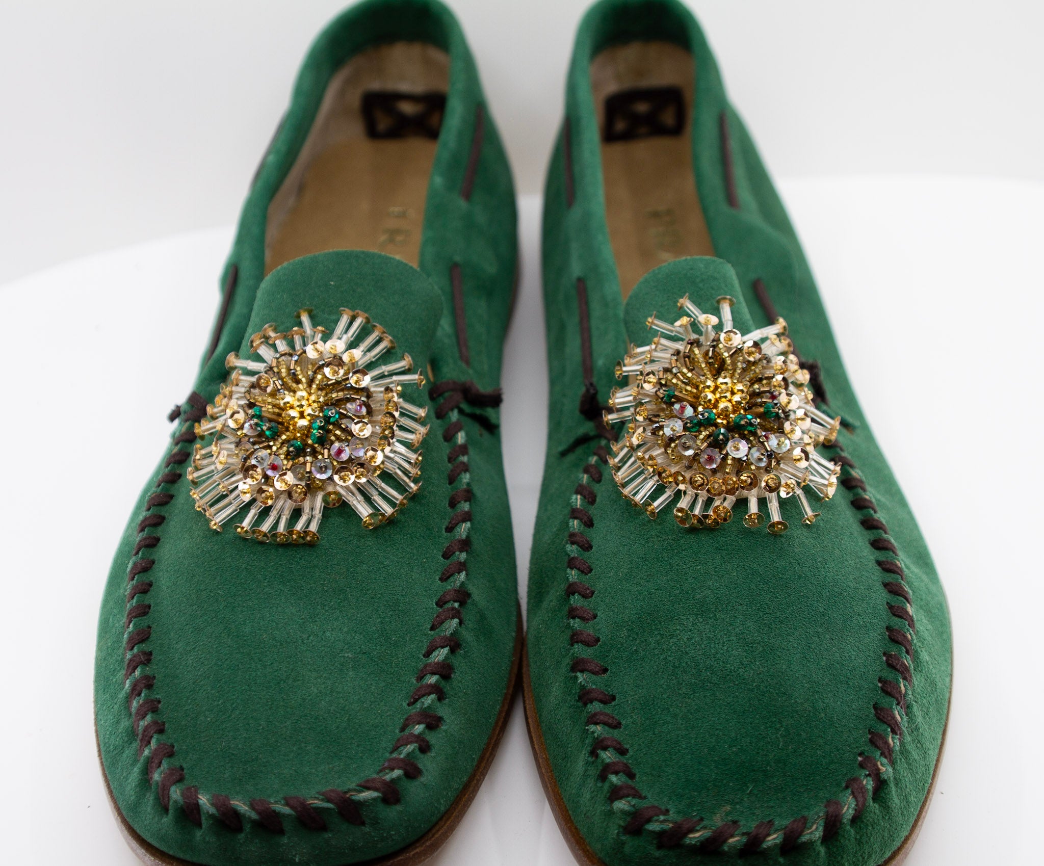 PRADA, green, suede, loafers with beaded embellishments and leather soles, Estate of André Leon Talley
