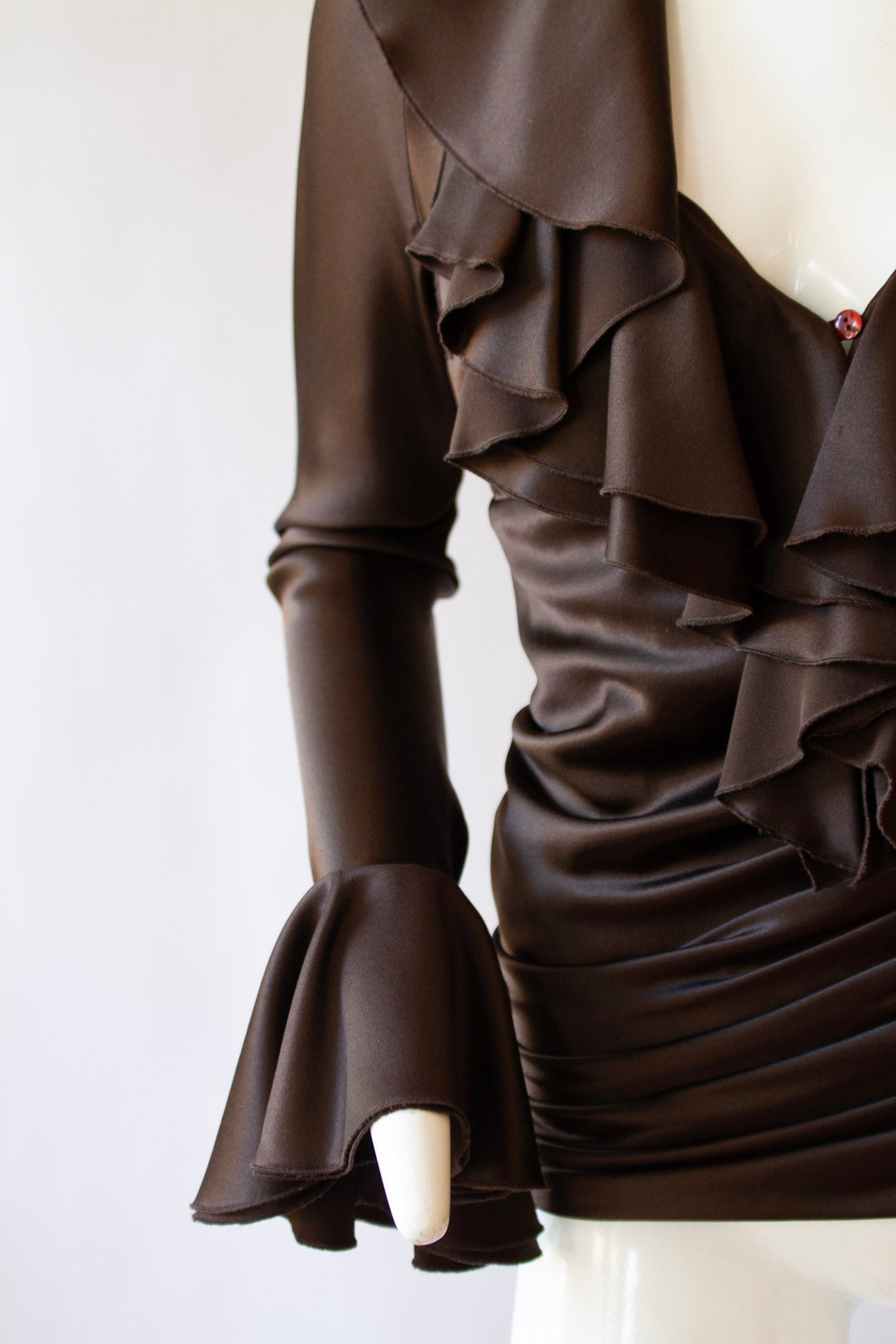 JEAN-LOUIS SCHERRER 100% Silk Chocolate Blouse with Flare Sleeves and Side Ruching with Zipper