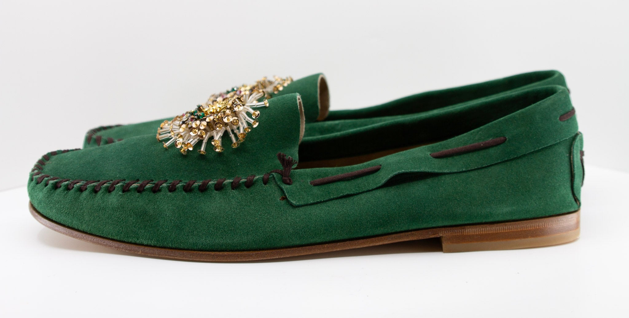 PRADA, green, suede, loafers with beaded embellishments and leather soles, Estate of André Leon Talley