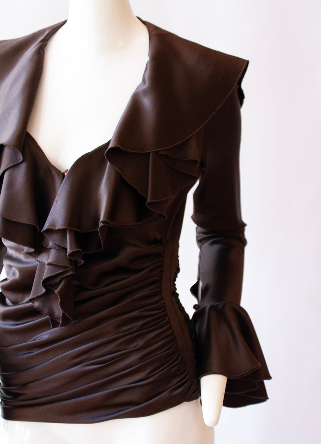 JEAN-LOUIS SCHERRER 100% Silk Chocolate Blouse with Flare Sleeves and Side Ruching with Zipper