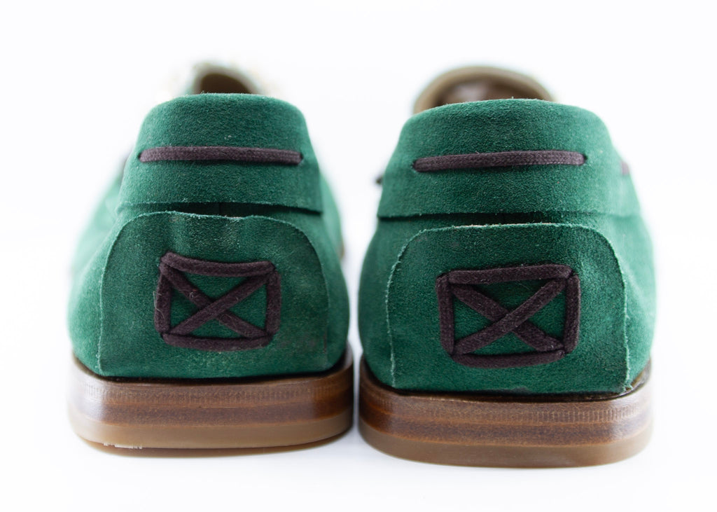 PRADA, green, suede, loafers with beaded embellishments and leather soles, Estate of André Leon Talley