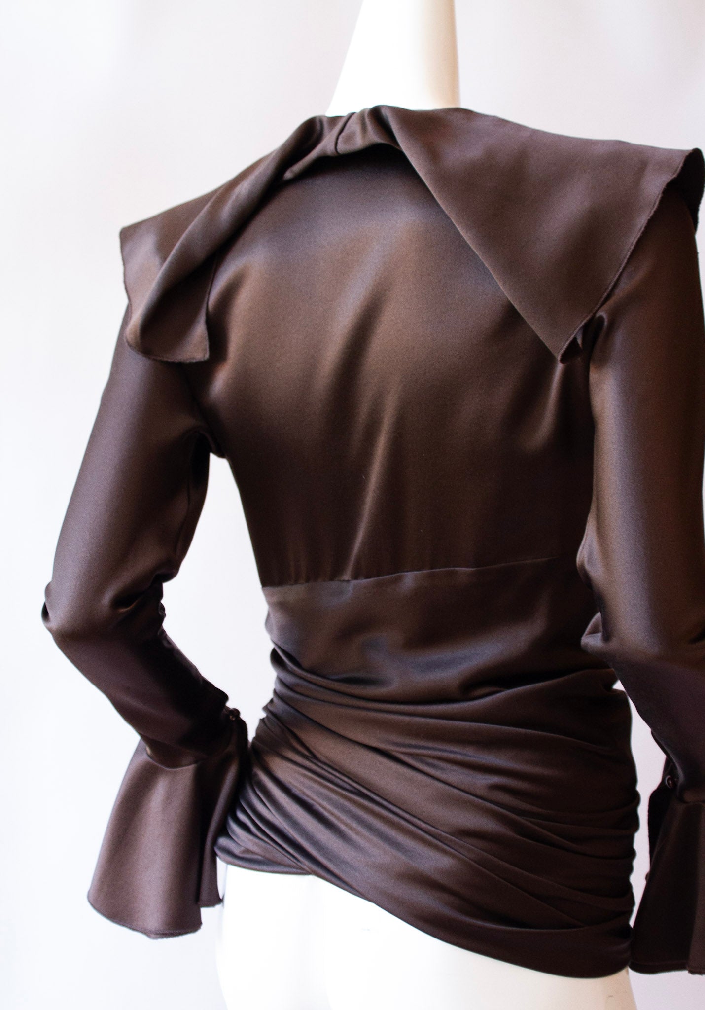 JEAN-LOUIS SCHERRER 100% Silk Chocolate Blouse with Flare Sleeves and Side Ruching with Zipper