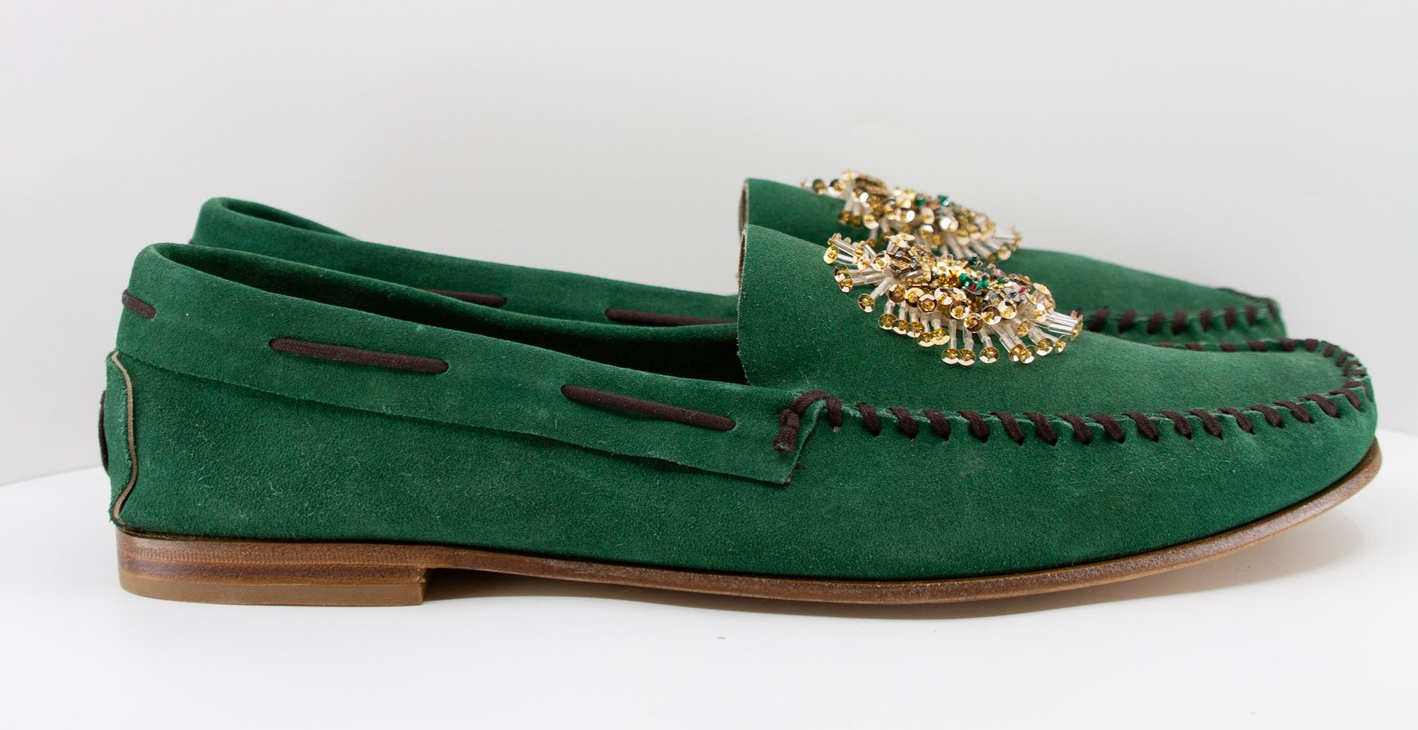 PRADA, green, suede, loafers with beaded embellishments and leather soles, Estate of André Leon Talley