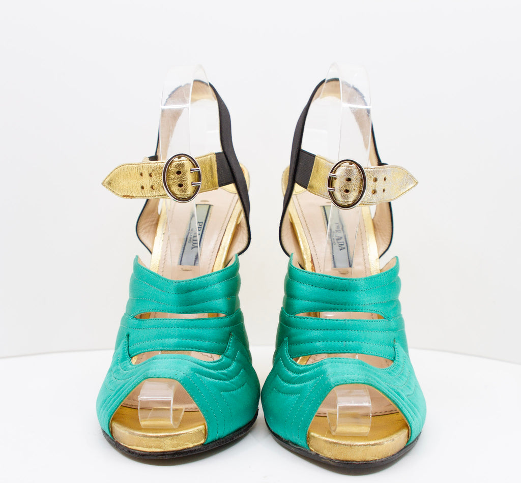 PRADA Green Satin and Gold Metallic Slingback Block Heels