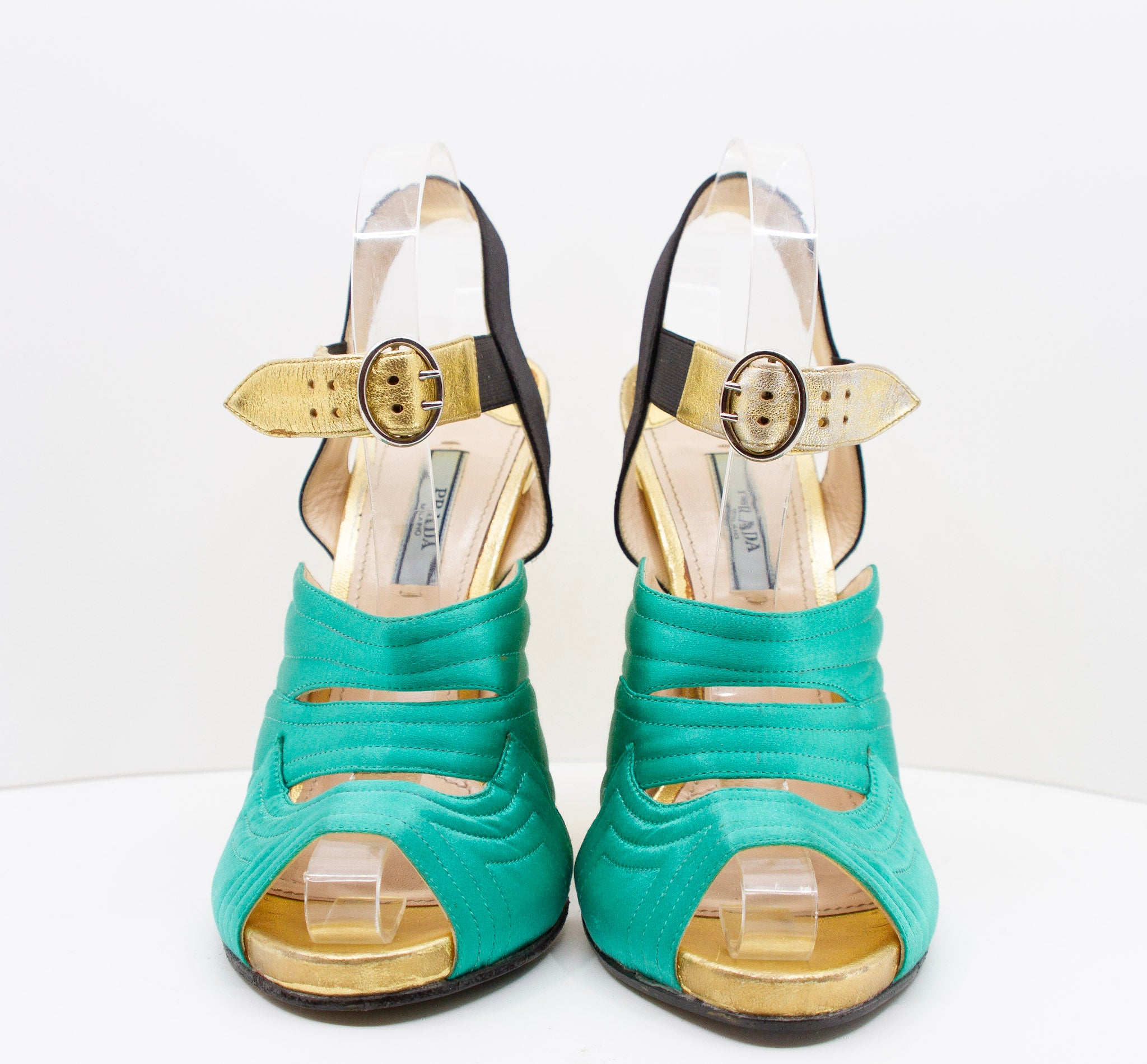 PRADA Green Satin and Gold Metallic Slingback Block Heels