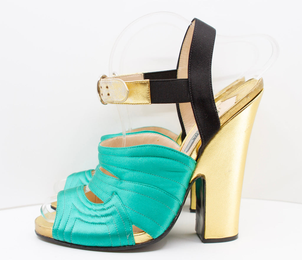 PRADA Green Satin and Gold Metallic Slingback Block Heels