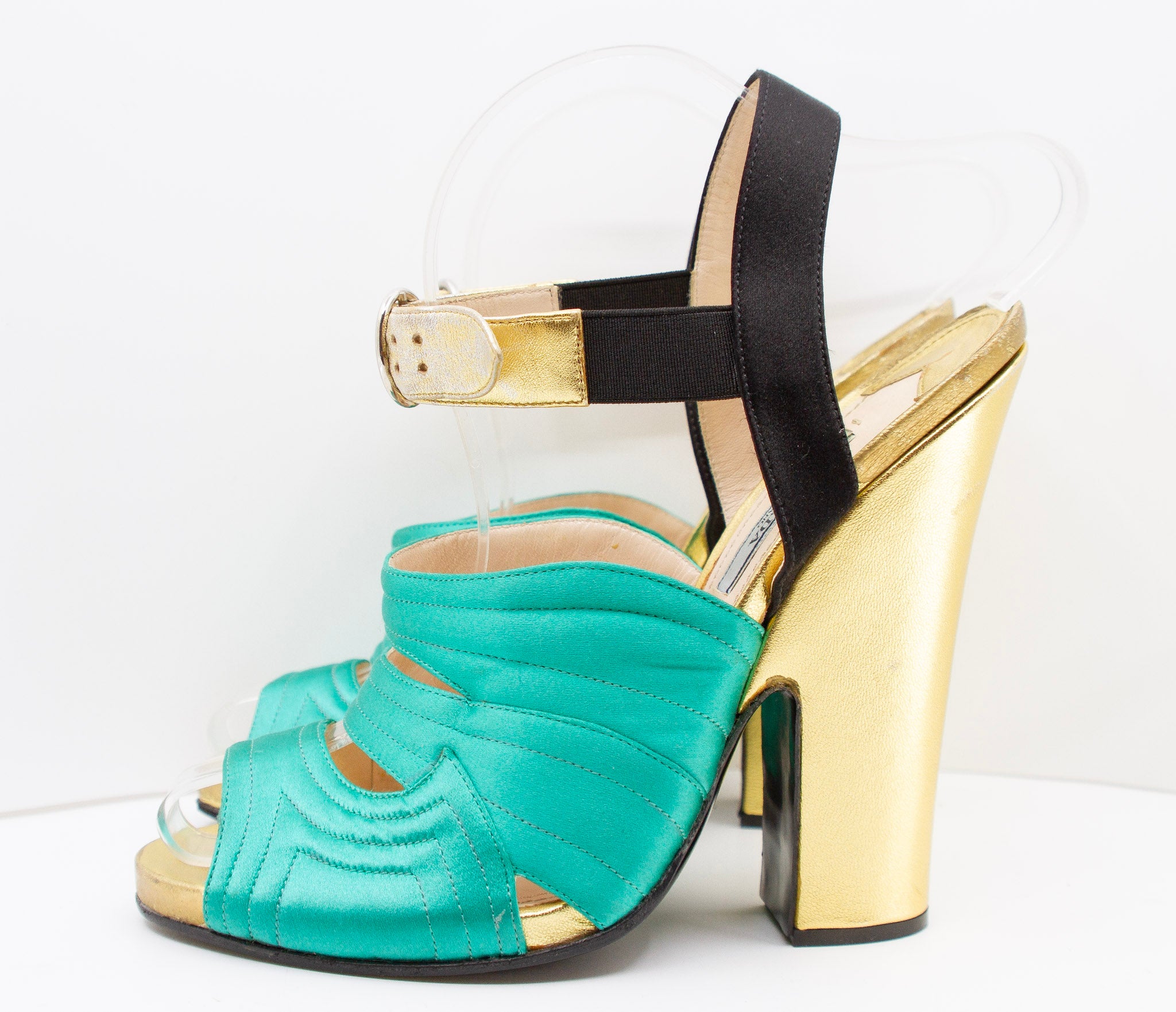 PRADA Green Satin and Gold Metallic Slingback Block Heels