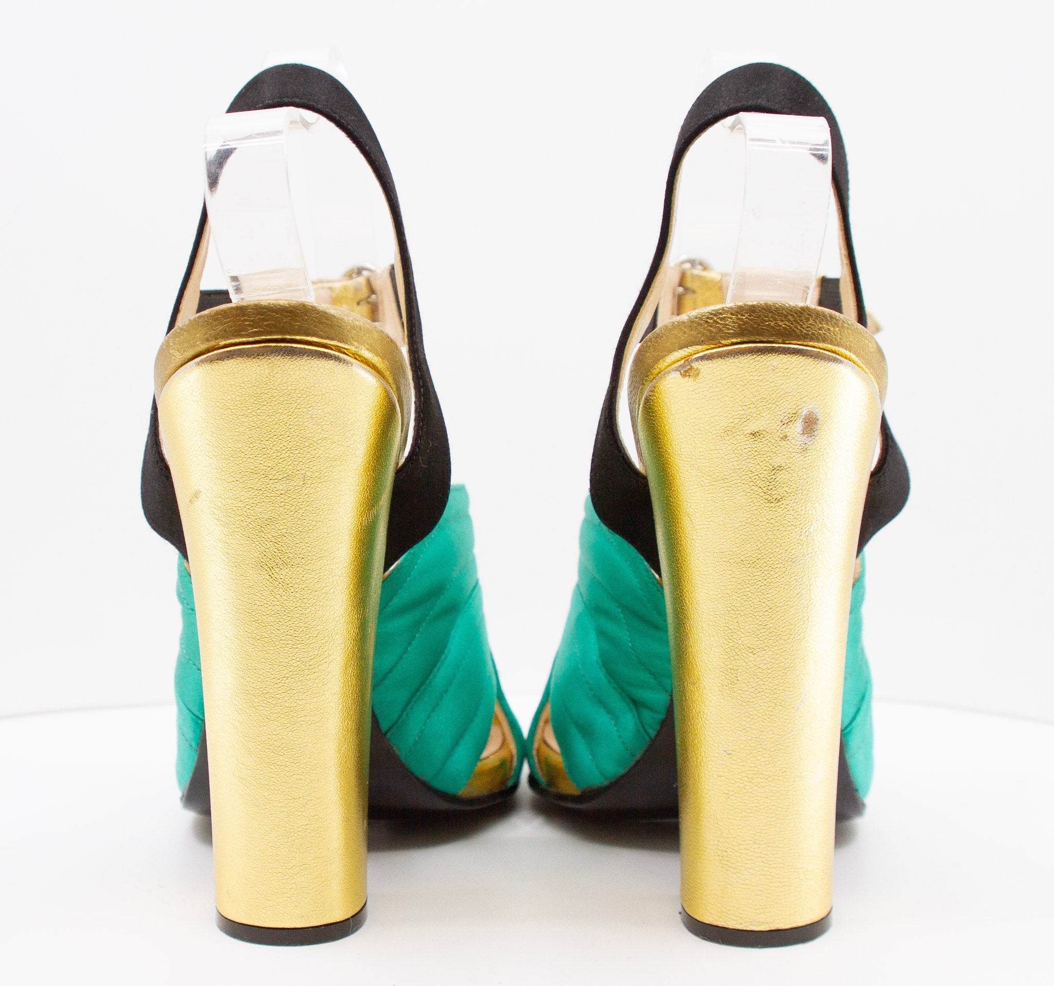 PRADA Green Satin and Gold Metallic Slingback Block Heels