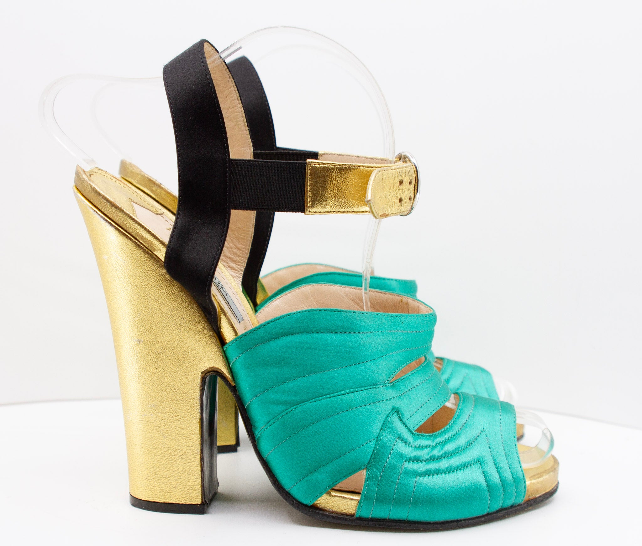 PRADA Green Satin and Gold Metallic Slingback Block Heels