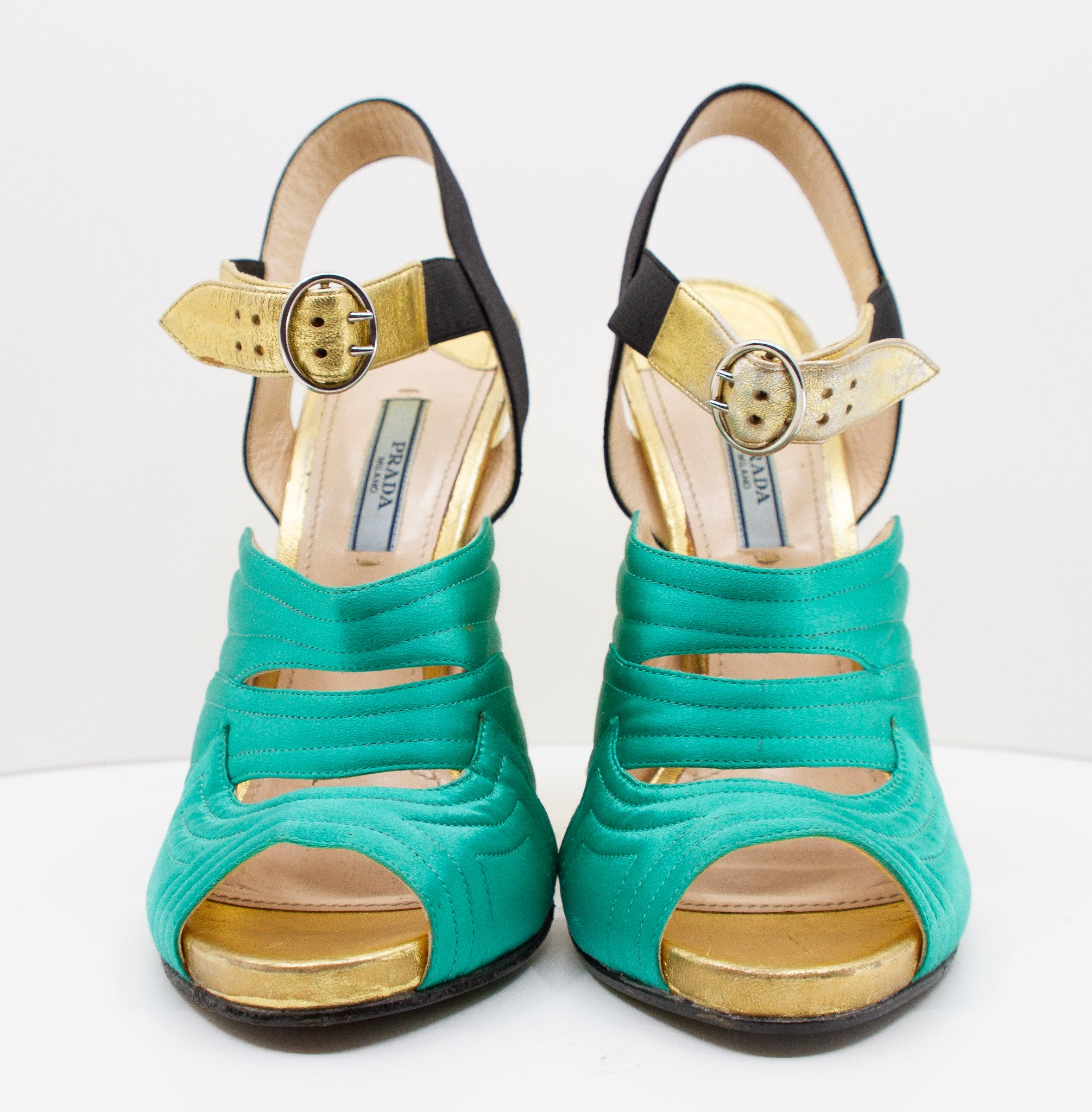 PRADA Green Satin and Gold Metallic Slingback Block Heels