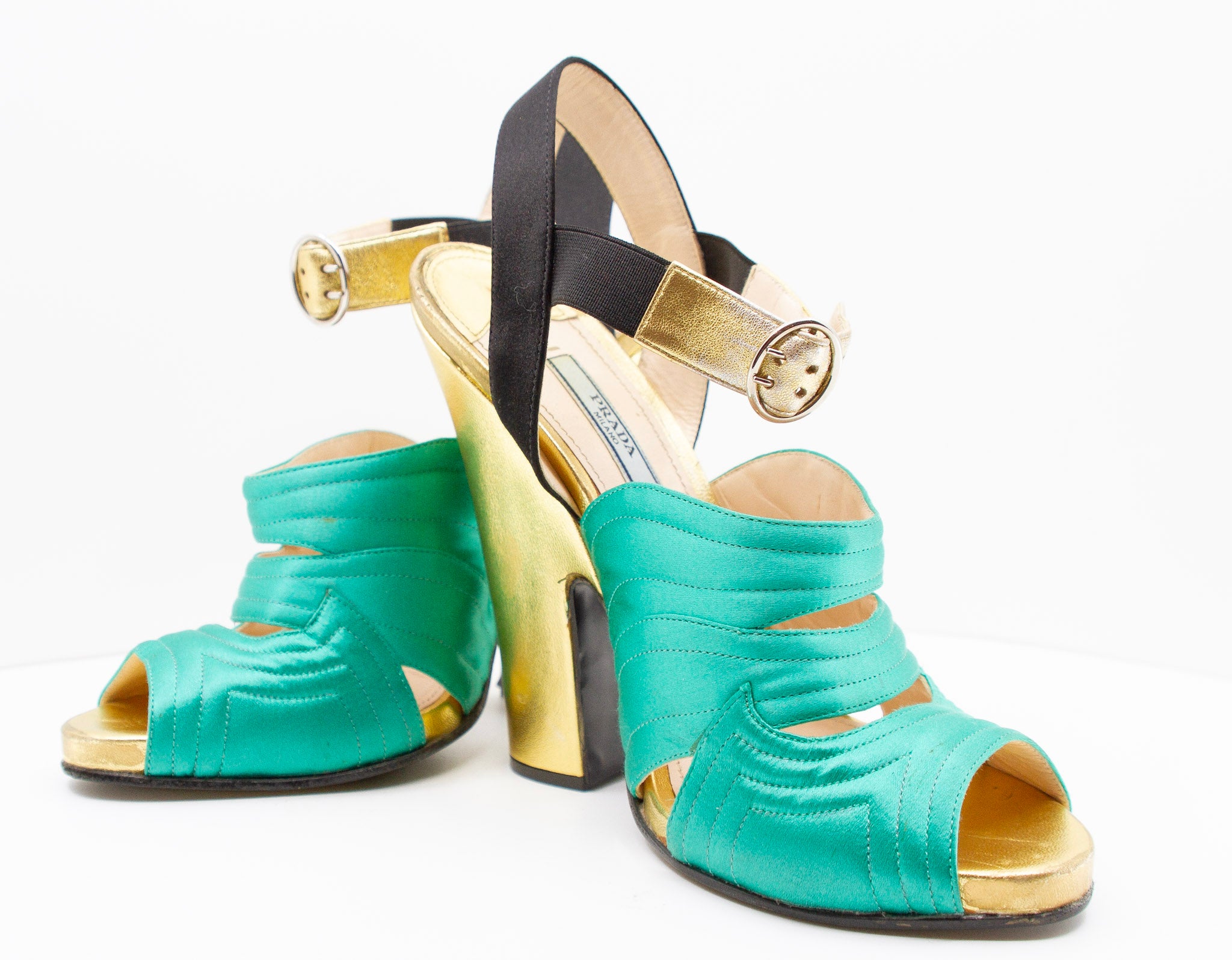 PRADA Green Satin and Gold Metallic Slingback Block Heels