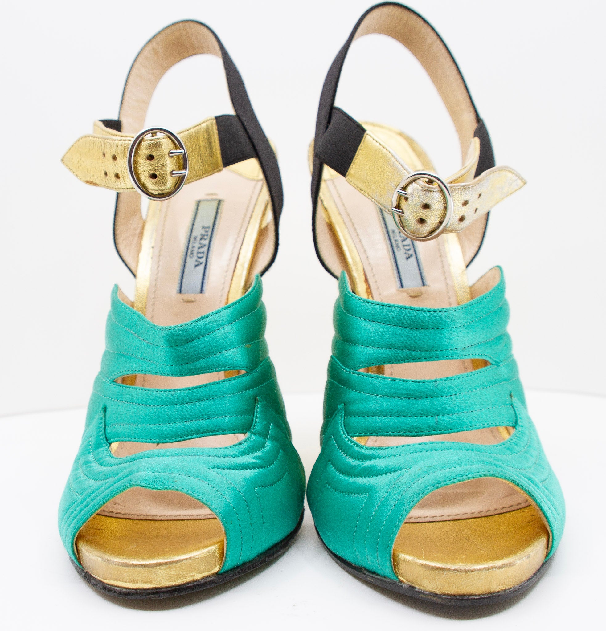 PRADA Green Satin and Gold Metallic Slingback Block Heels