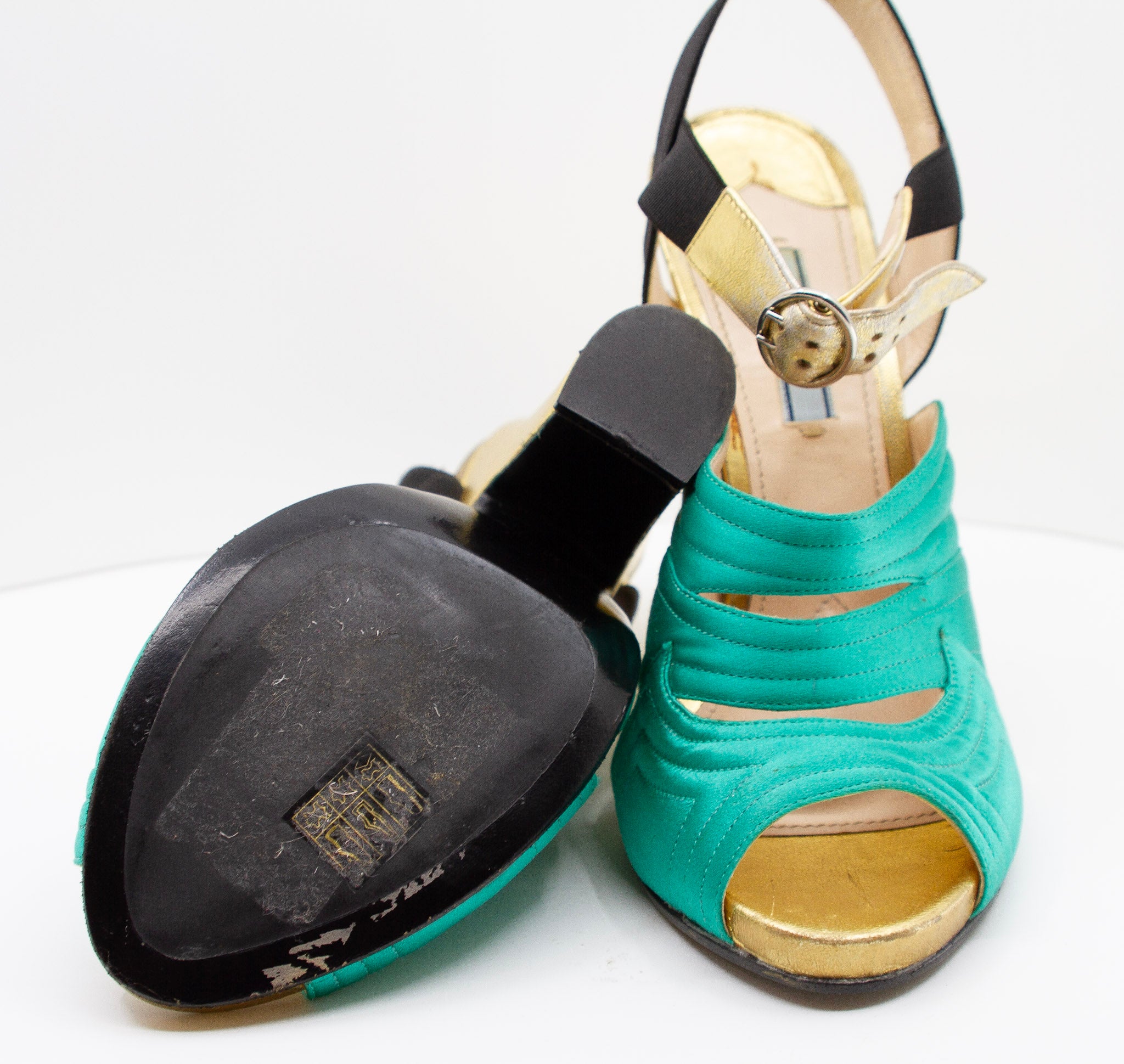 PRADA Green Satin and Gold Metallic Slingback Block Heels