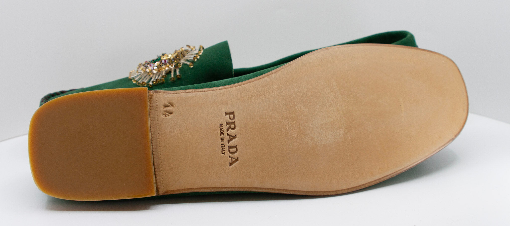 PRADA, green, suede, loafers with beaded embellishments and leather soles, Estate of André Leon Talley