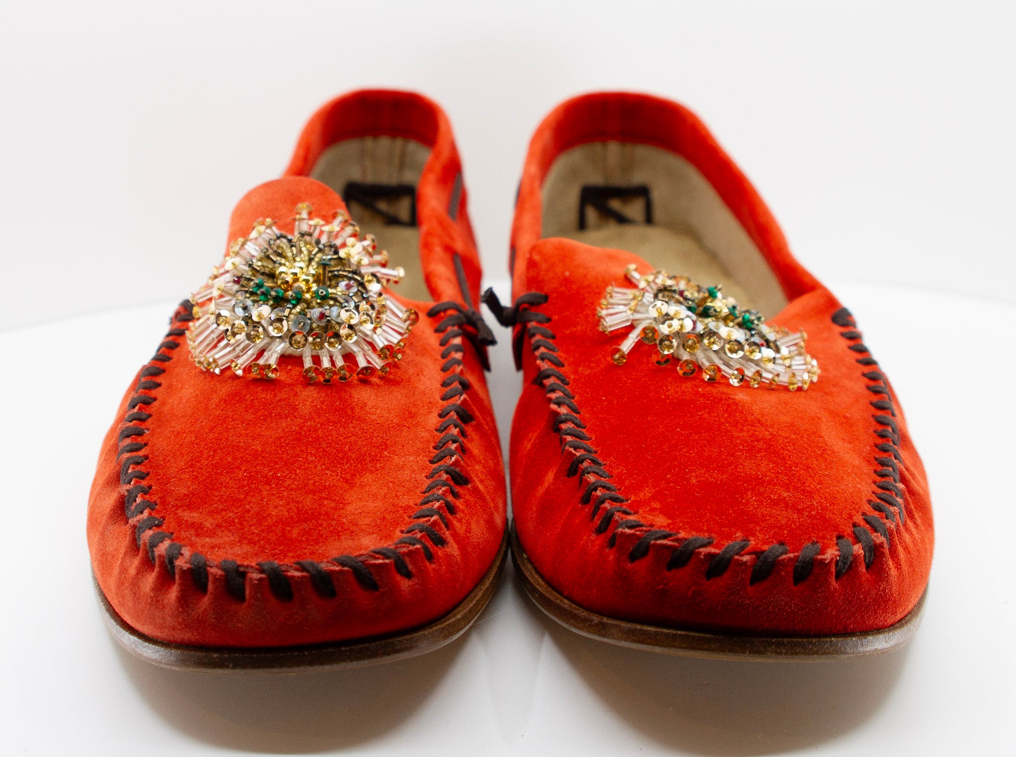 PRADA, vermilion, suede, loafers with beaded embellishments and leather soles, Estate of André Leon Talley