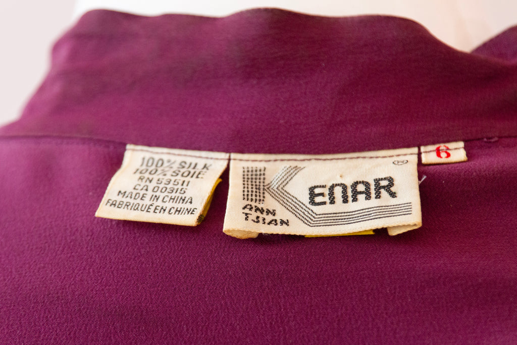 ANN TIJAN for KENAR Purple 100% Silk Blouse, Button Collar and Drawstring Waist