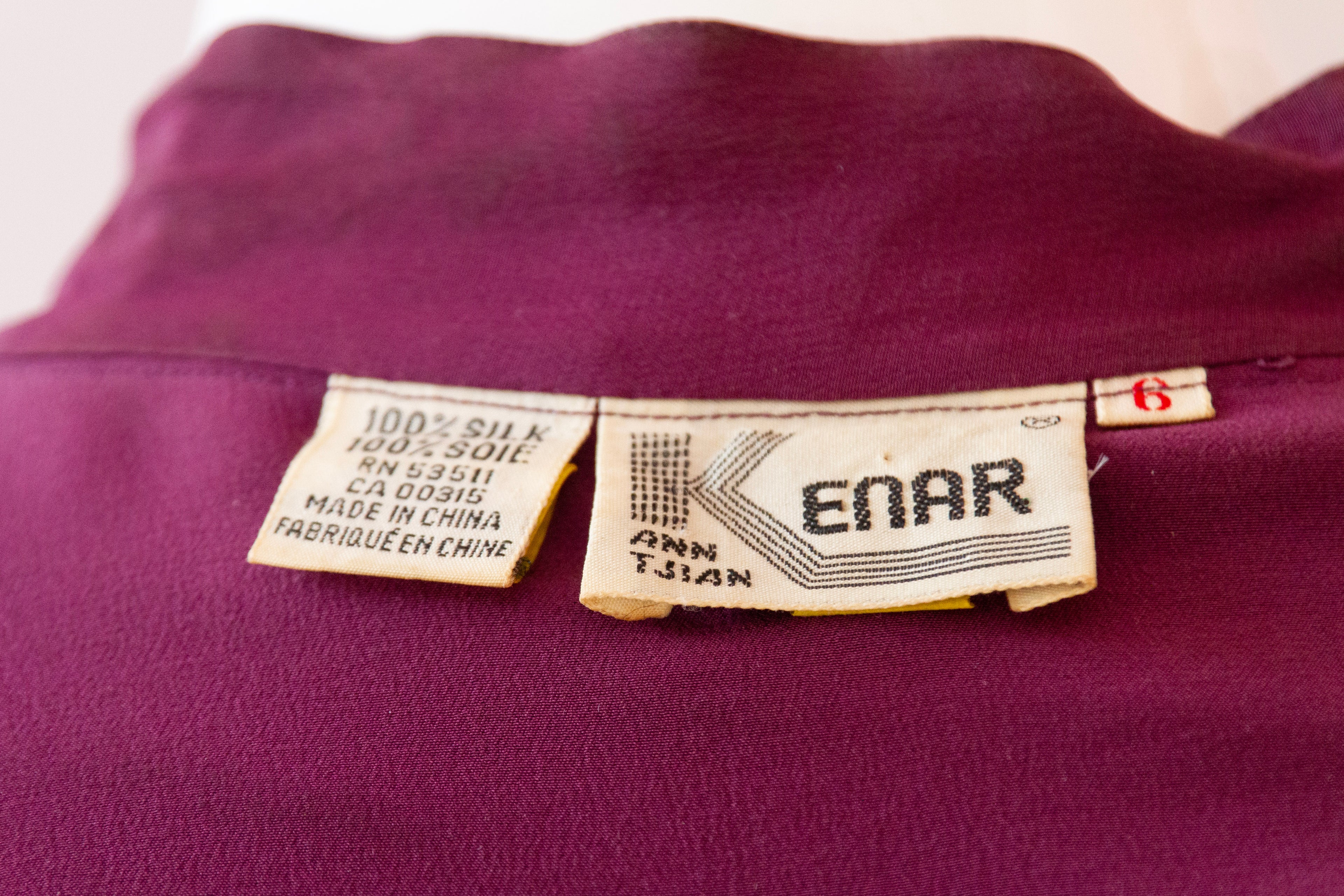 ANN TIJAN for KENAR Purple 100% Silk Blouse, Button Collar and Drawstring Waist