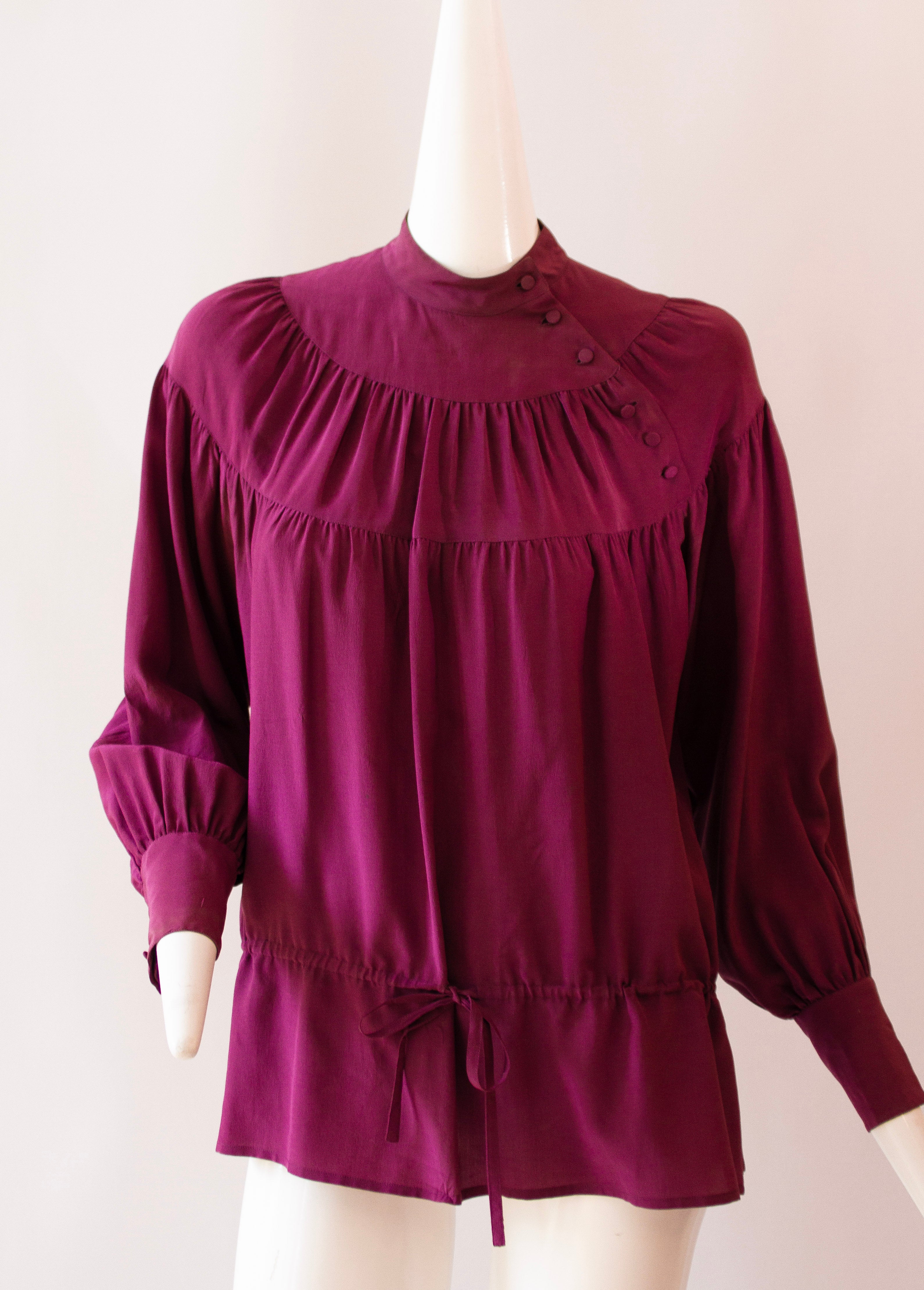 ANN TIJAN for KENAR Purple 100% Silk Blouse, Button Collar and Drawstring Waist