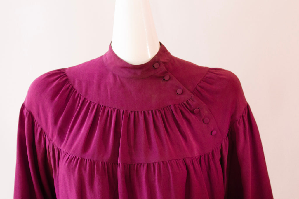 ANN TIJAN for KENAR Purple 100% Silk Blouse, Button Collar and Drawstring Waist