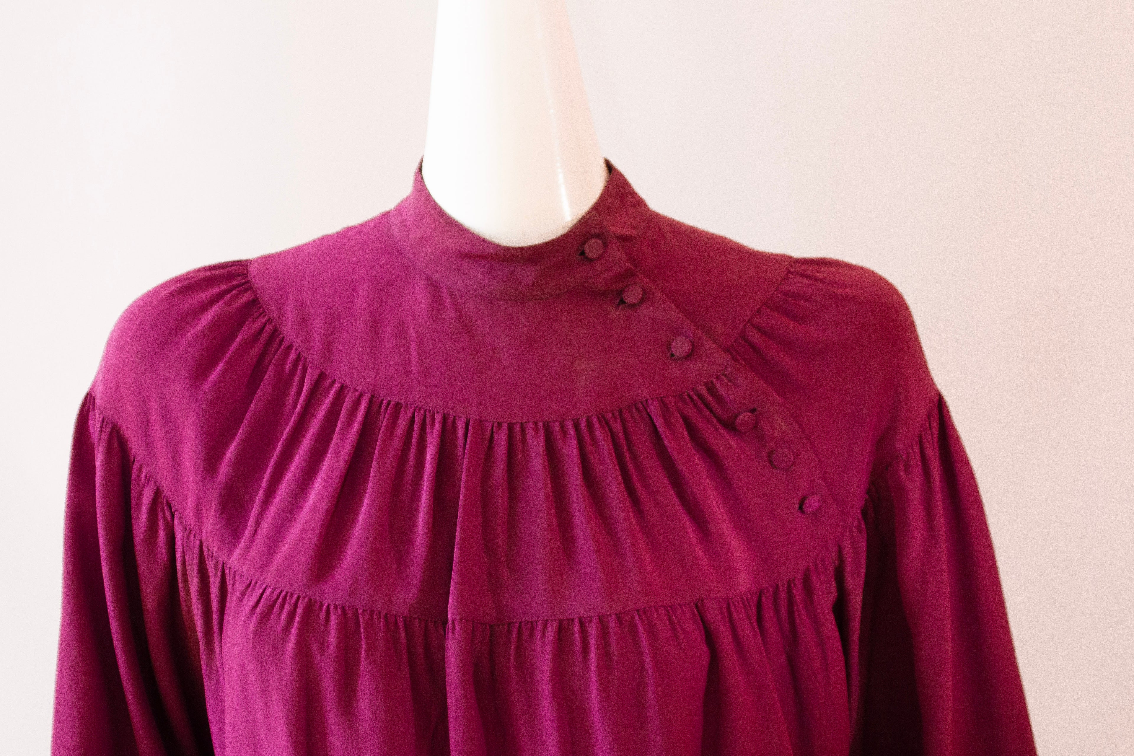 ANN TIJAN for KENAR Purple 100% Silk Blouse, Button Collar and Drawstring Waist
