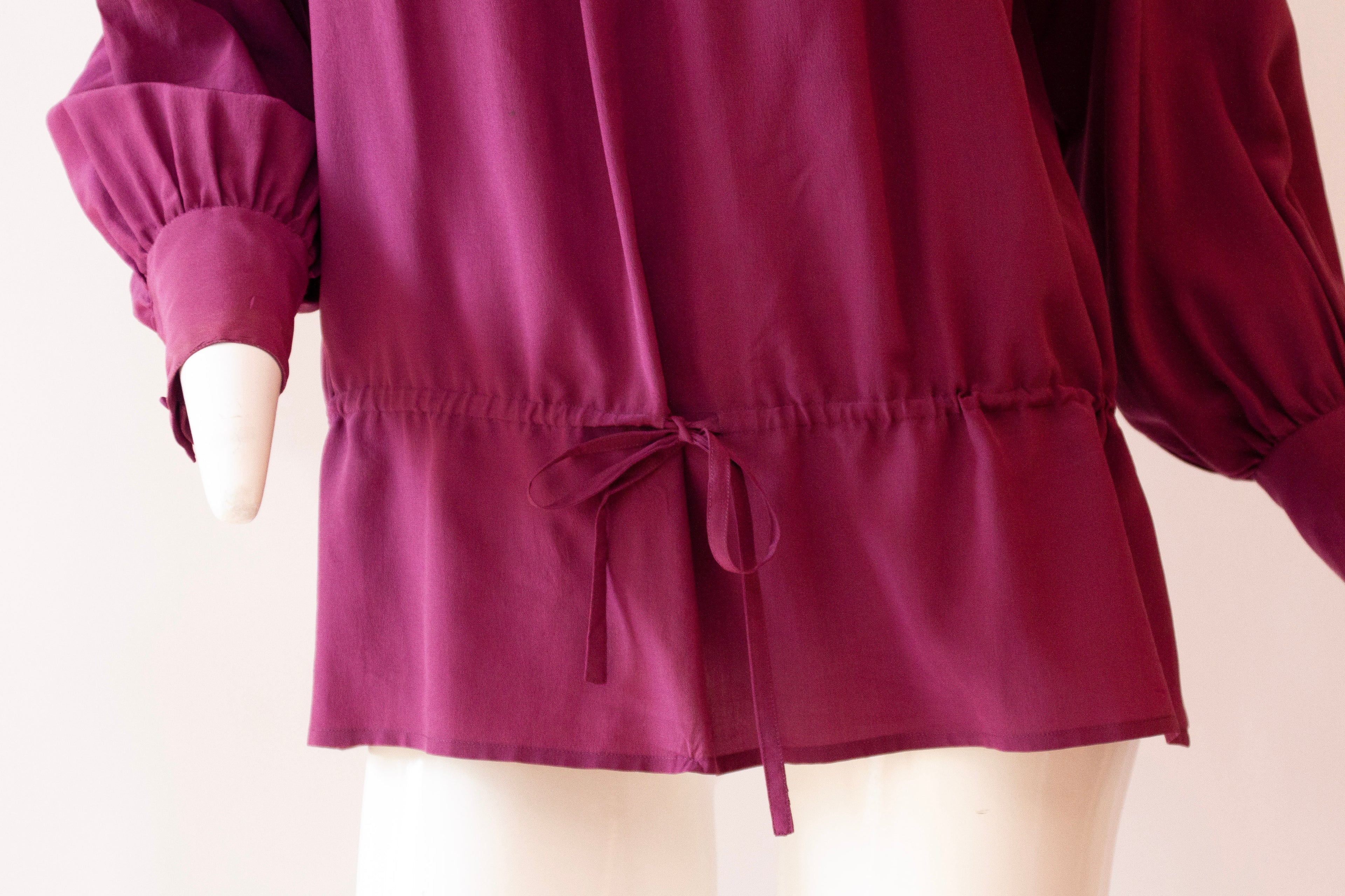 ANN TIJAN for KENAR Purple 100% Silk Blouse, Button Collar and Drawstring Waist