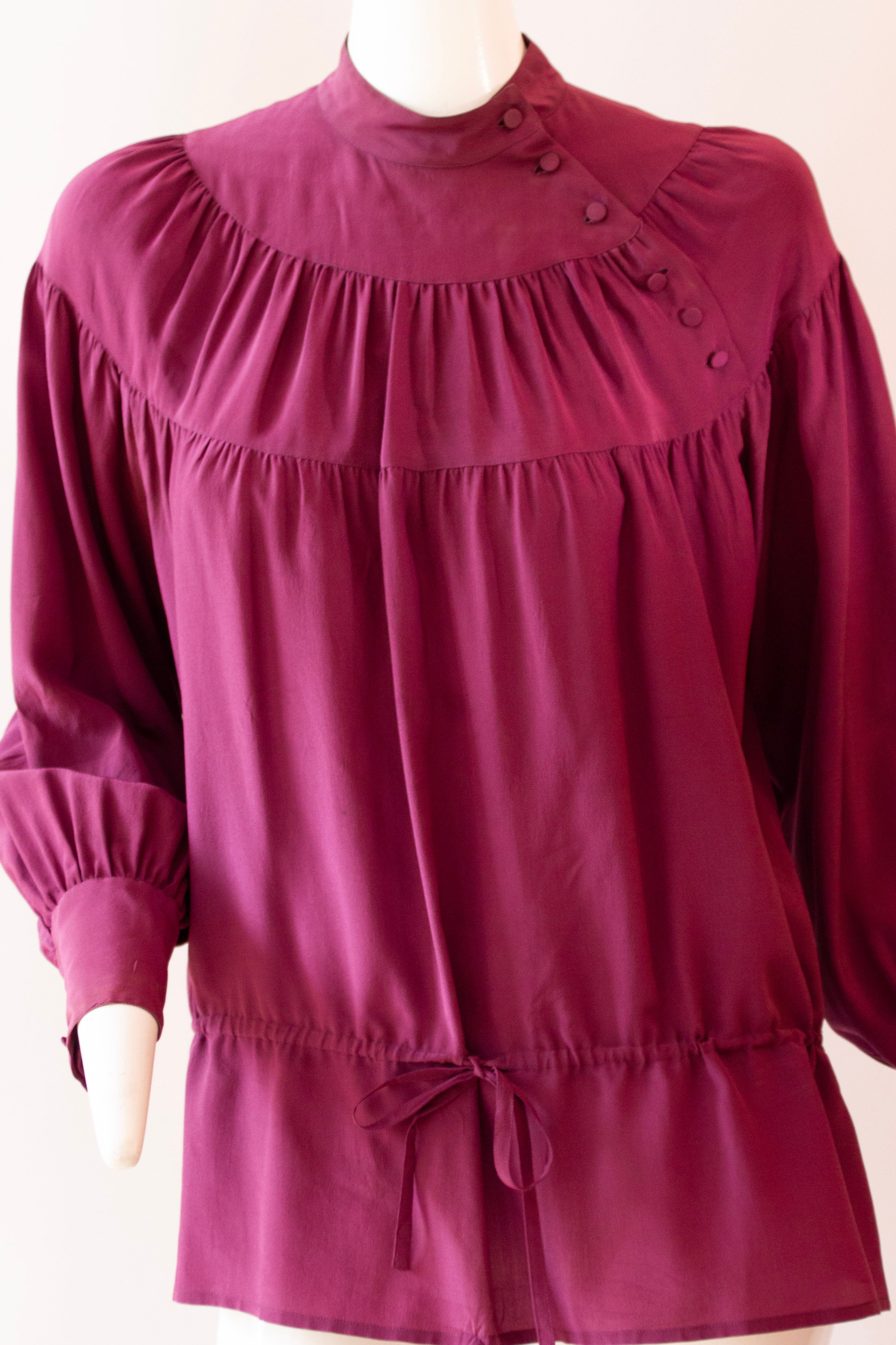 ANN TIJAN for KENAR Purple 100% Silk Blouse, Button Collar and Drawstring Waist