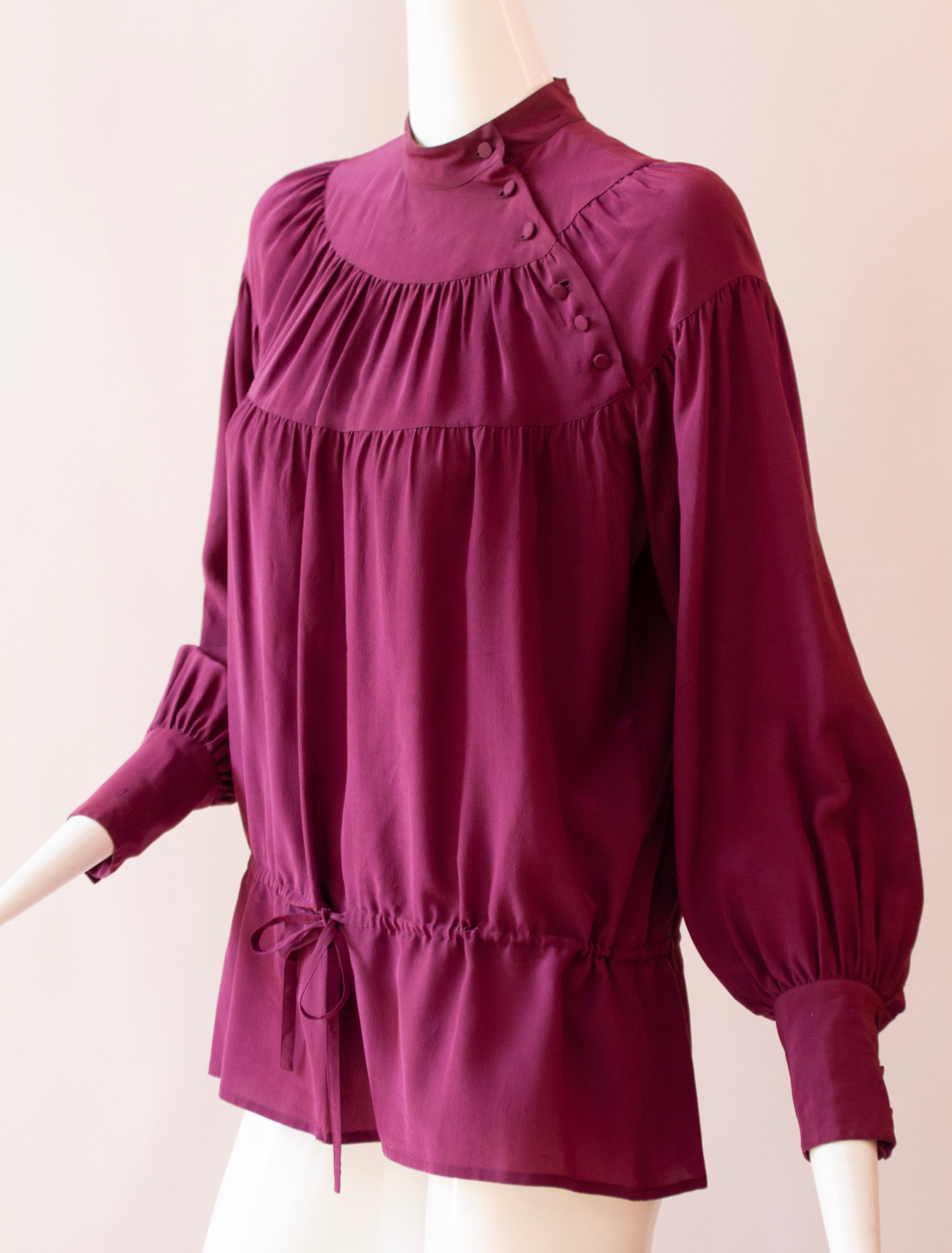 ANN TIJAN for KENAR Purple 100% Silk Blouse, Button Collar and Drawstring Waist