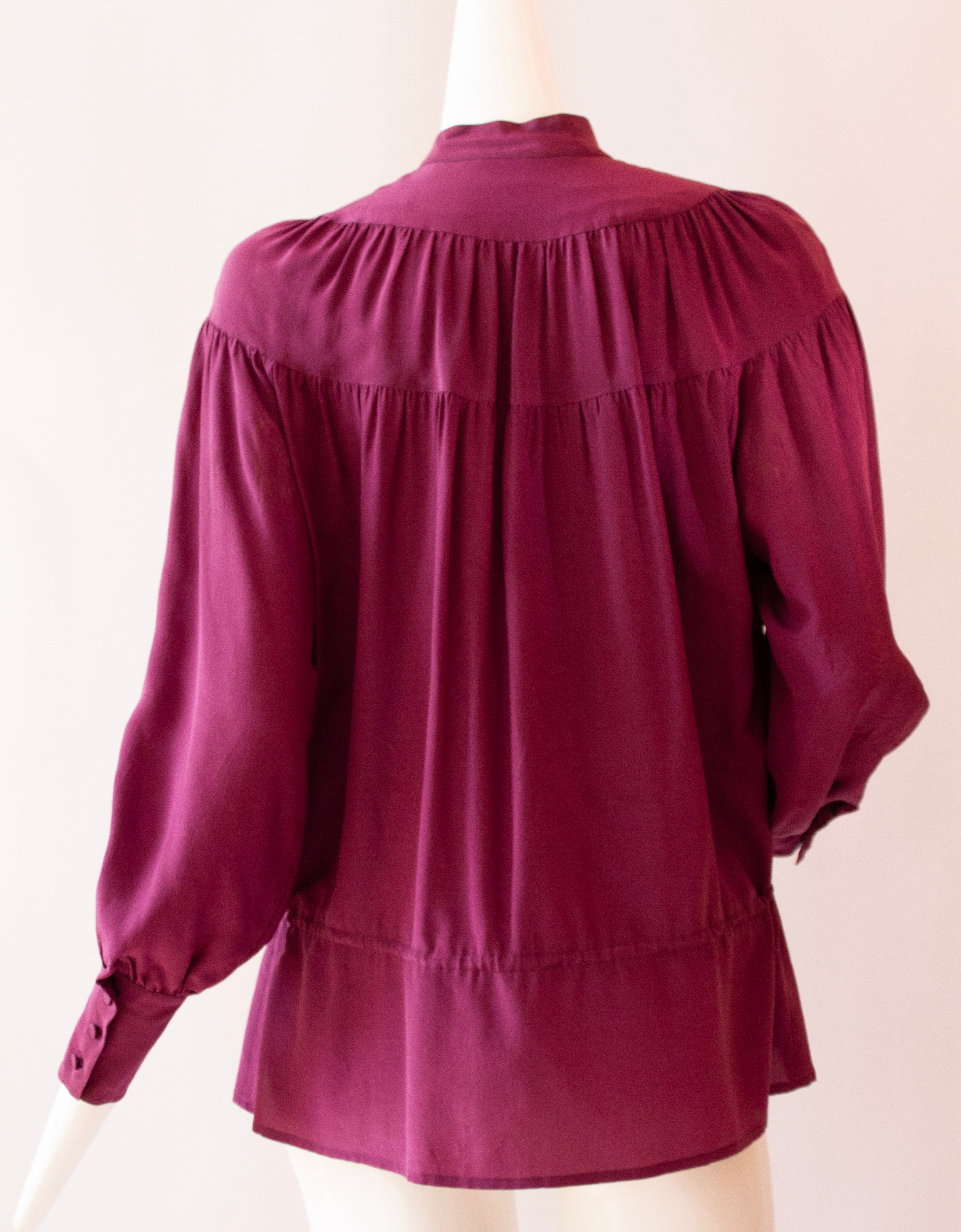 ANN TIJAN for KENAR Purple 100% Silk Blouse, Button Collar and Drawstring Waist