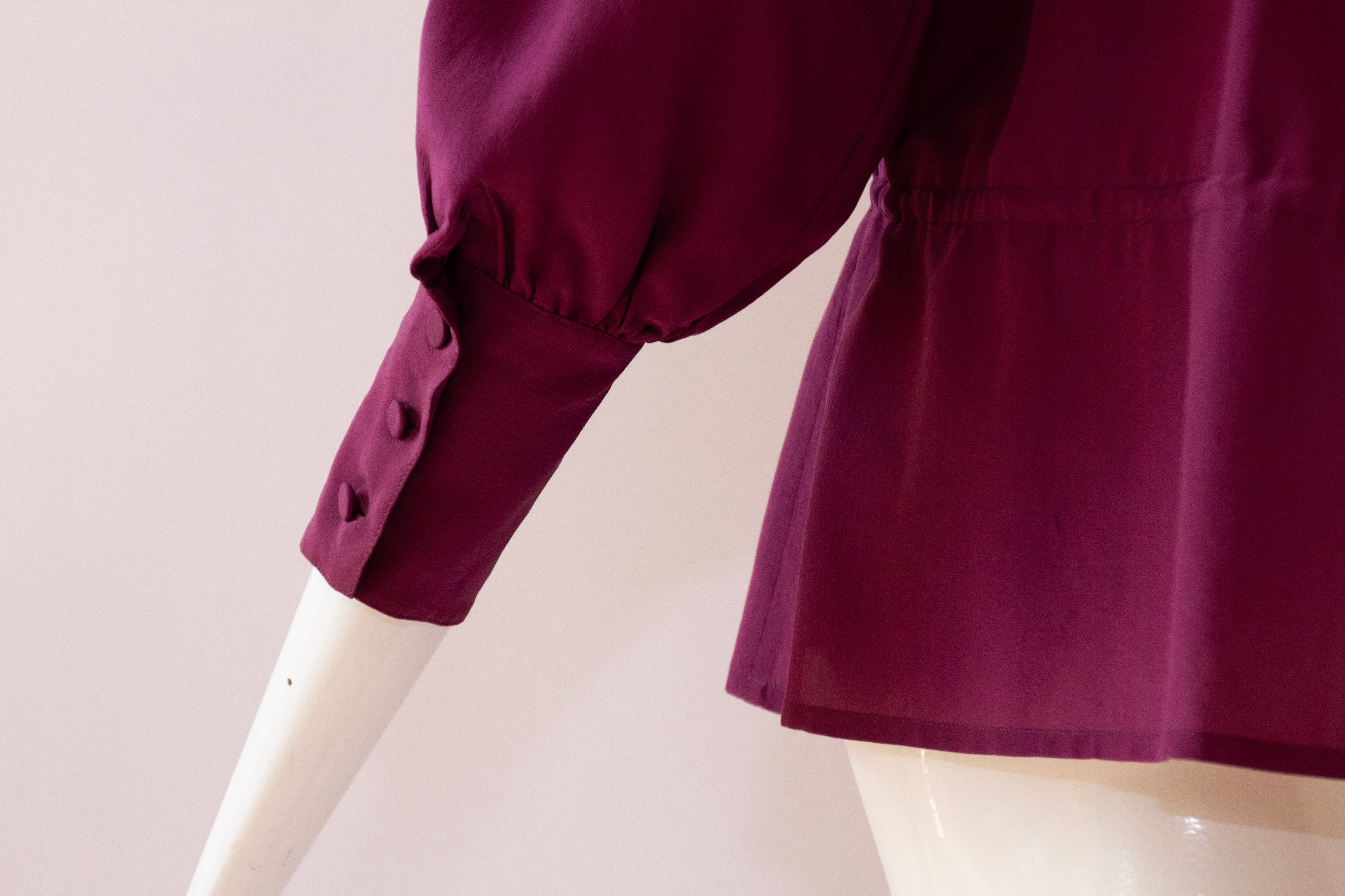 ANN TIJAN for KENAR Purple 100% Silk Blouse, Button Collar and Drawstring Waist