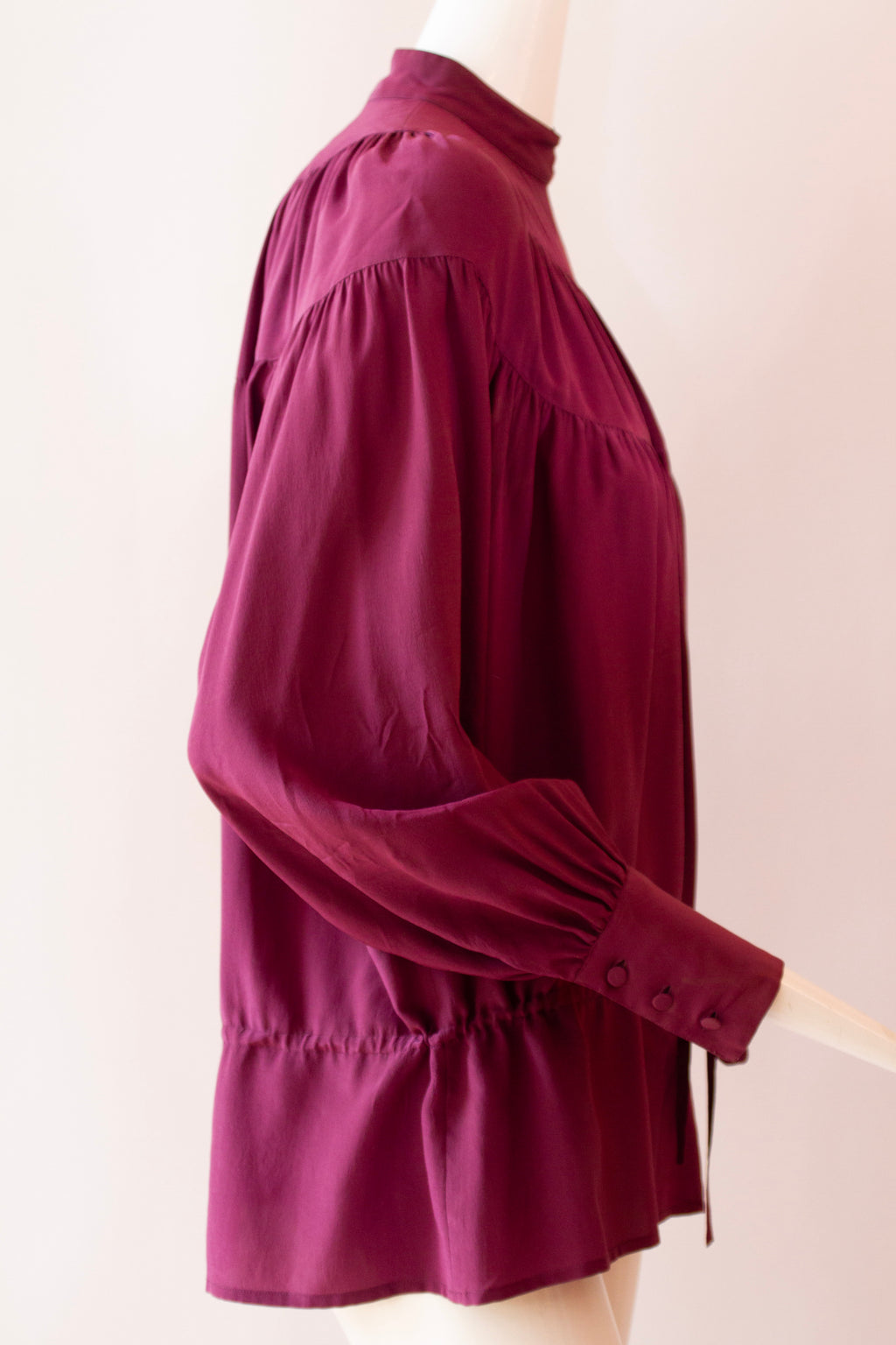 ANN TIJAN for KENAR Purple 100% Silk Blouse, Button Collar and Drawstring Waist