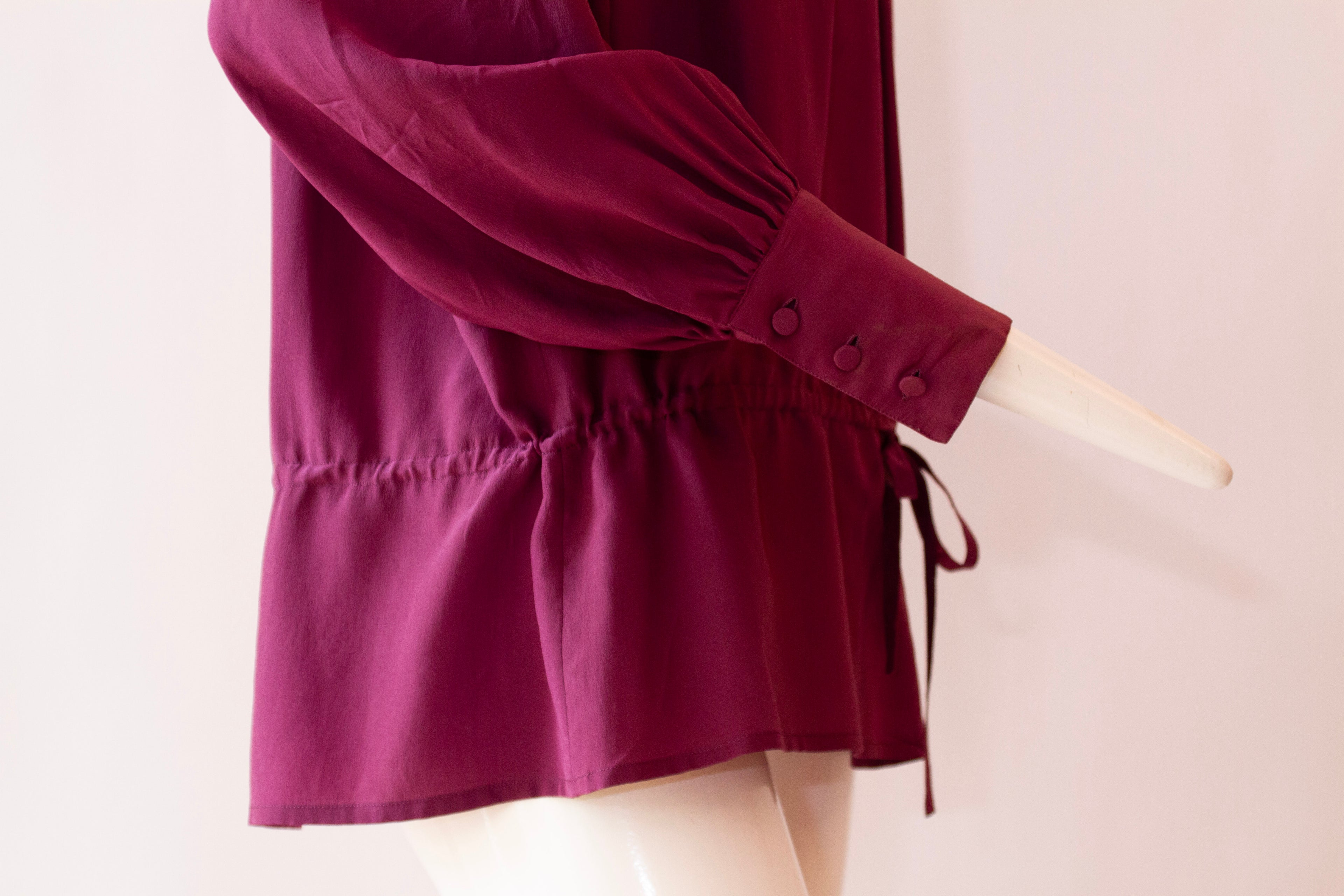 ANN TIJAN for KENAR Purple 100% Silk Blouse, Button Collar and Drawstring Waist